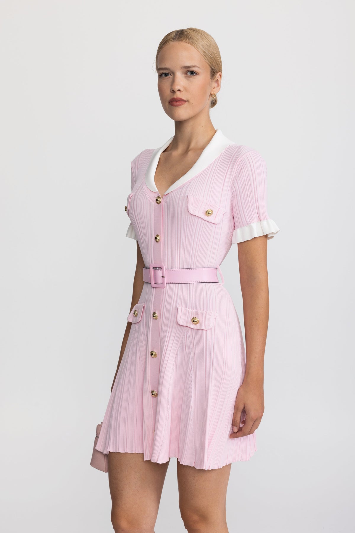 Ribbed Knit Contrast Collar Belted Mini Dress - Pink