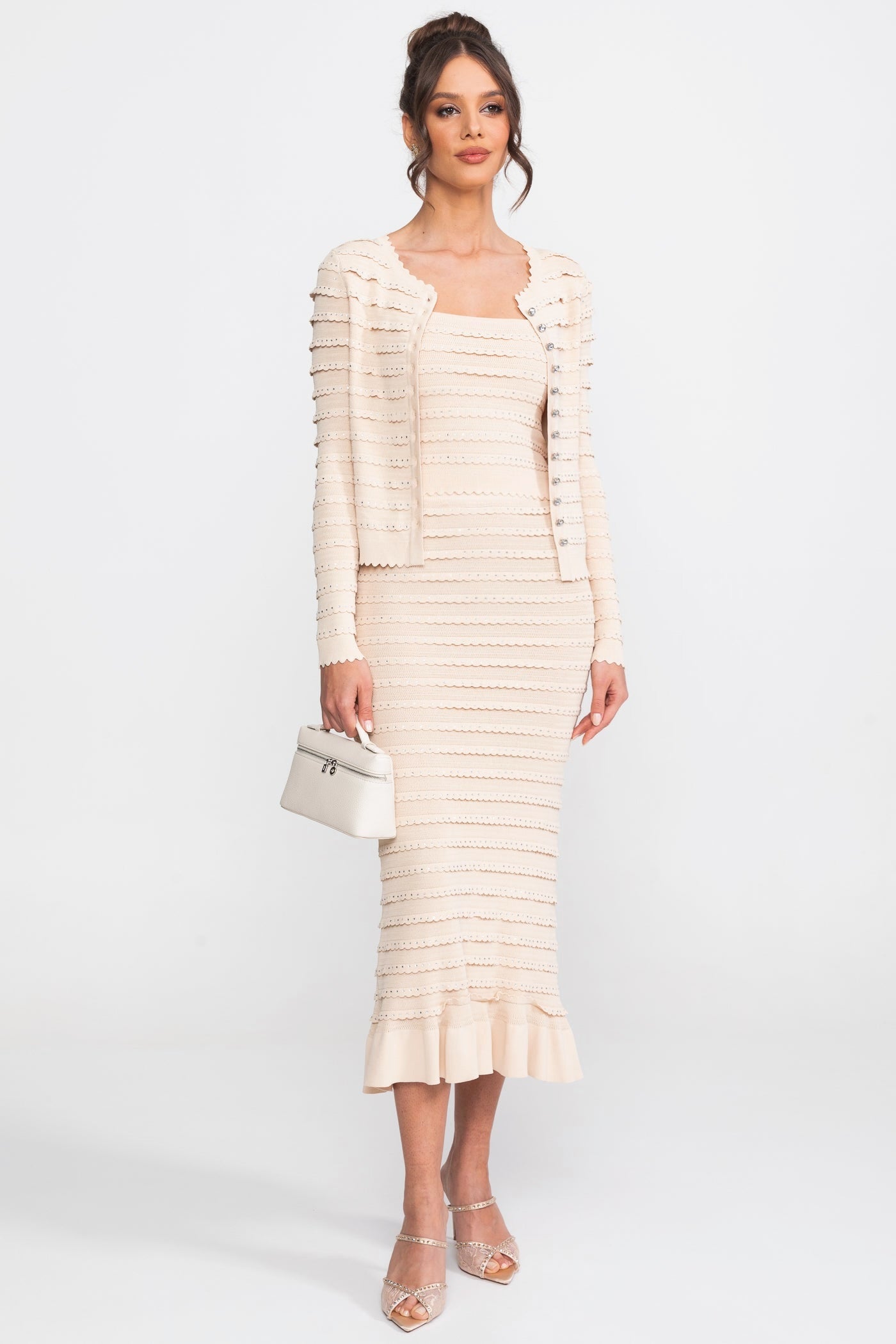 Textured Knit 3 Piece Set With Blazer, Top And Midi Skirt - Beige
