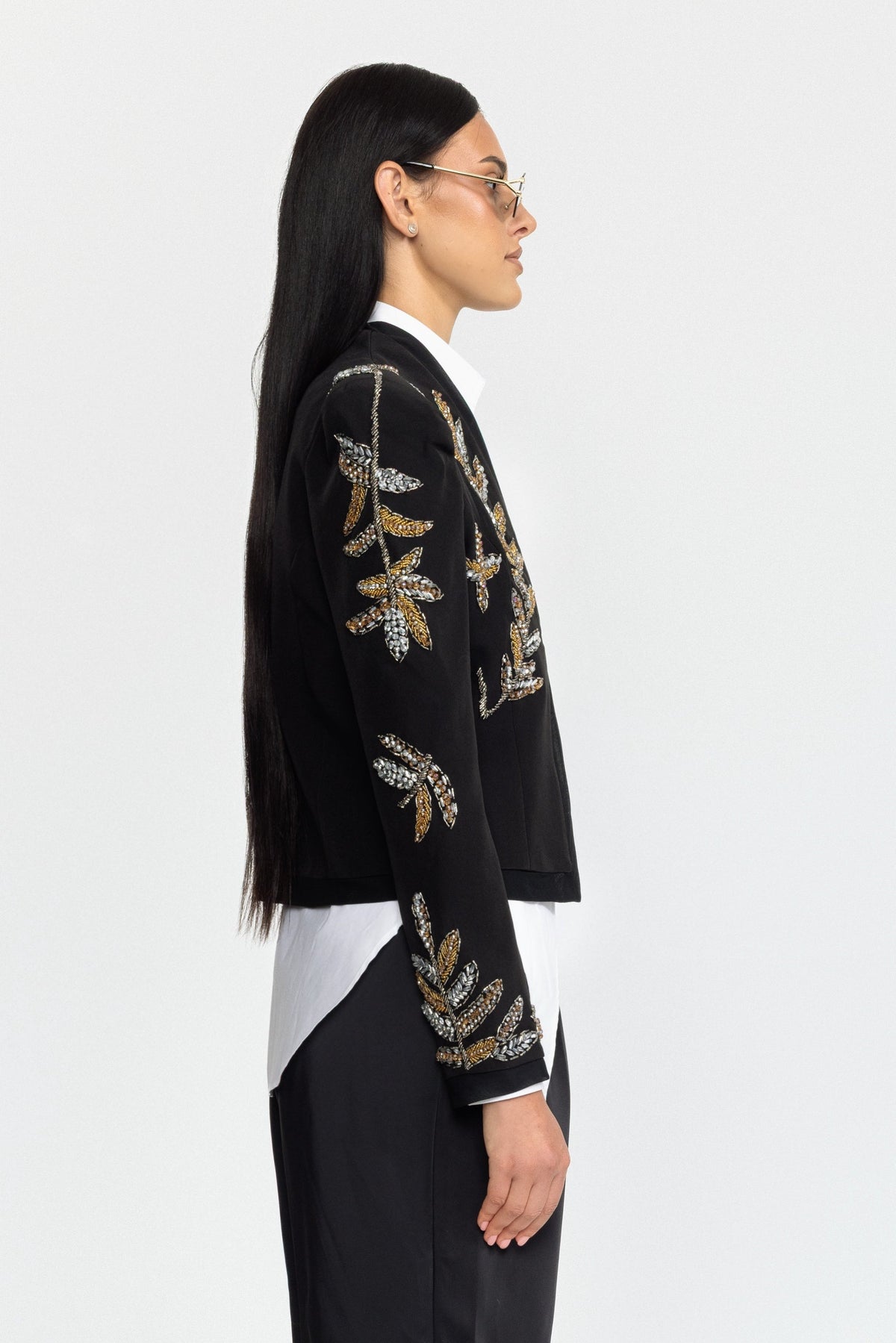 Embellished Laurel Cropped Blazer - Black