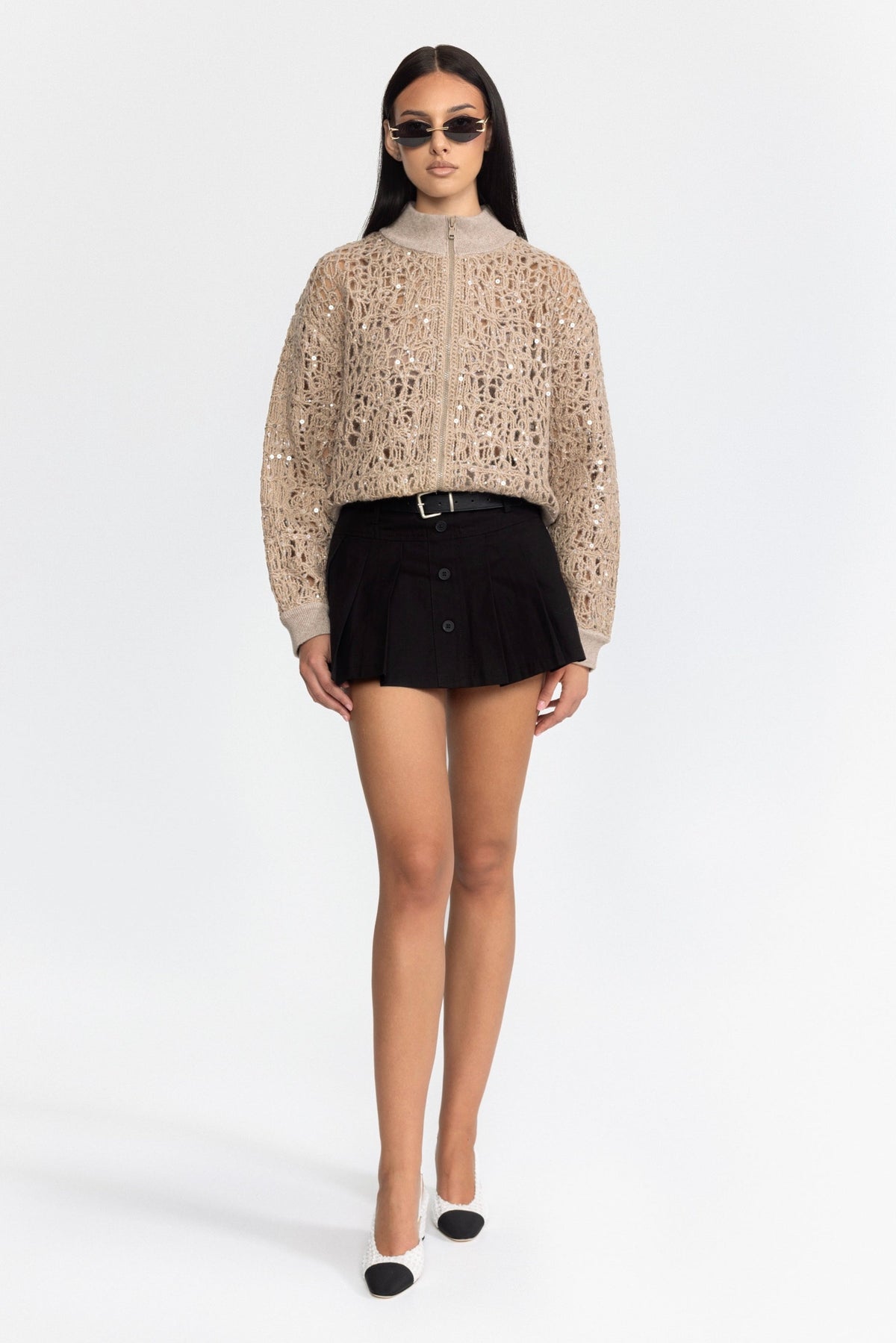 Sequin Open-Knit Zip Cardigan - Beige