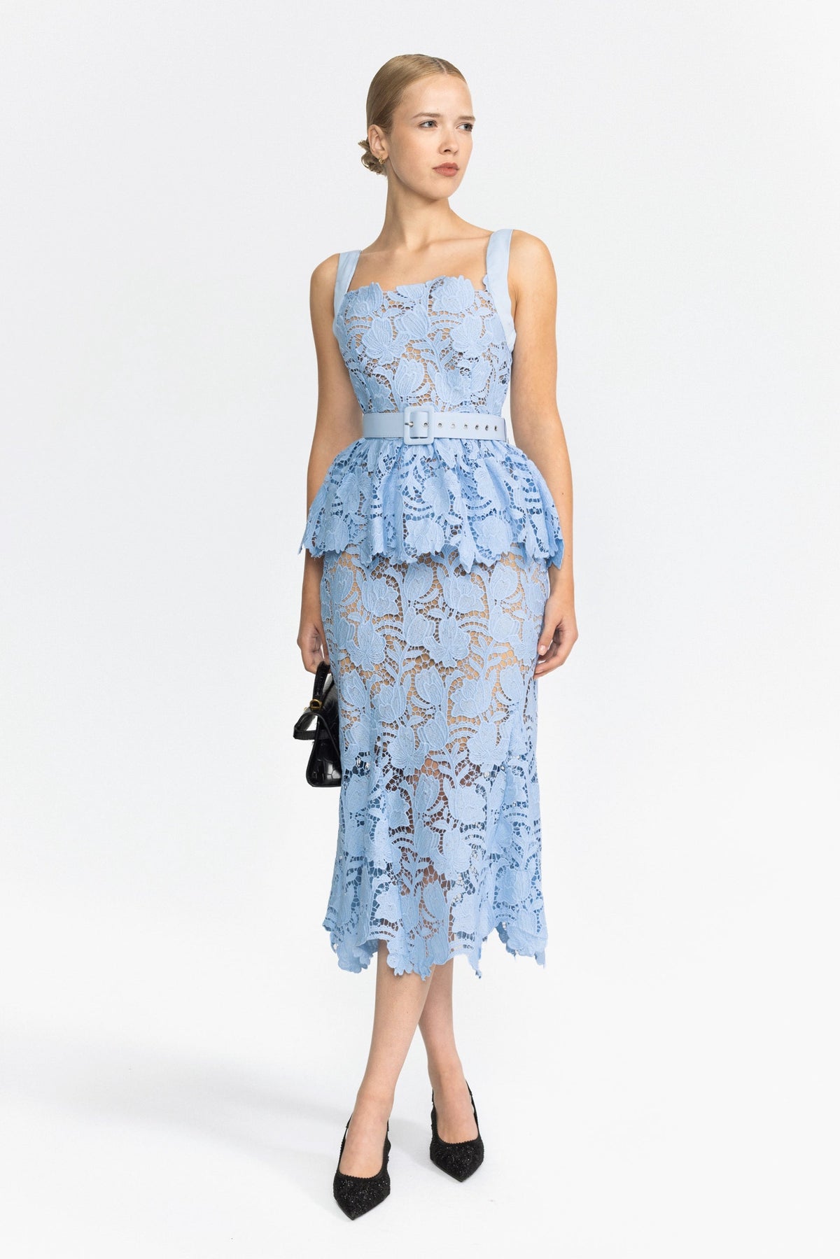 Guipure Lace Peplum Midi Dress - Light Blue