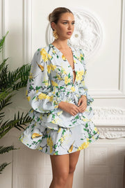 Floral Romantic Mini Dress With Voluminous Sleeves And Peplum Detail - Sky Blue