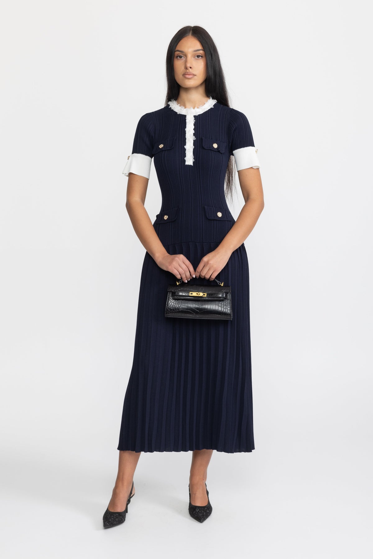 Pleated Knit Ruffle Trim Midi Dress - Navy