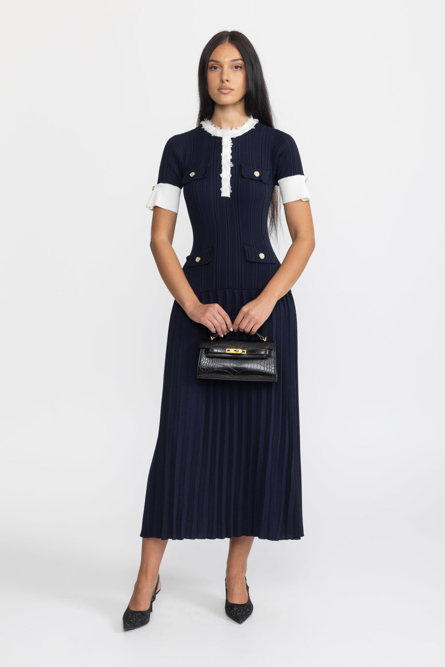 Pleated Knit Ruffle Trim Midi Dress - Navy