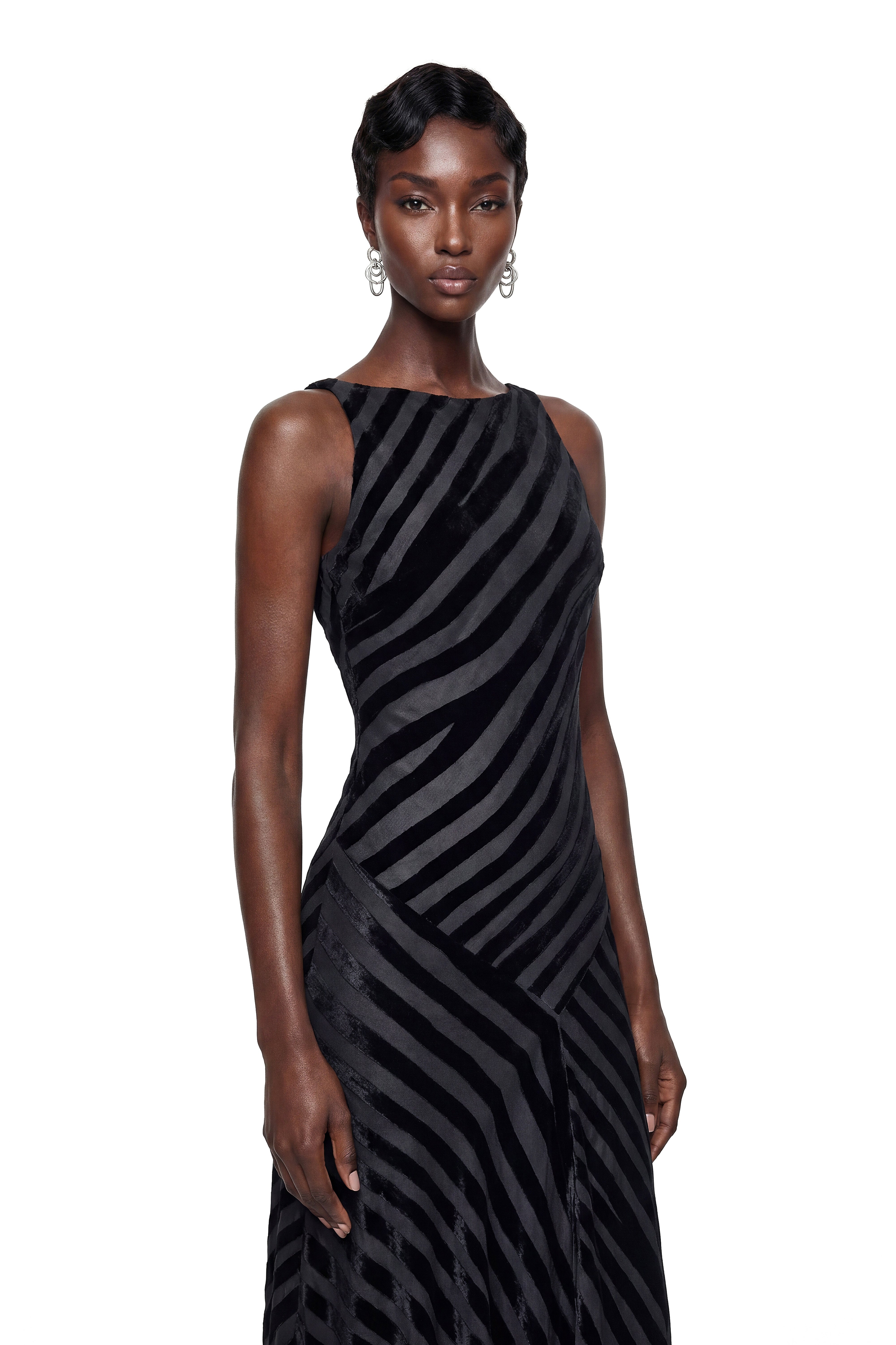 Cailleach Black Silk Asymmetrical Striped Midi Dress