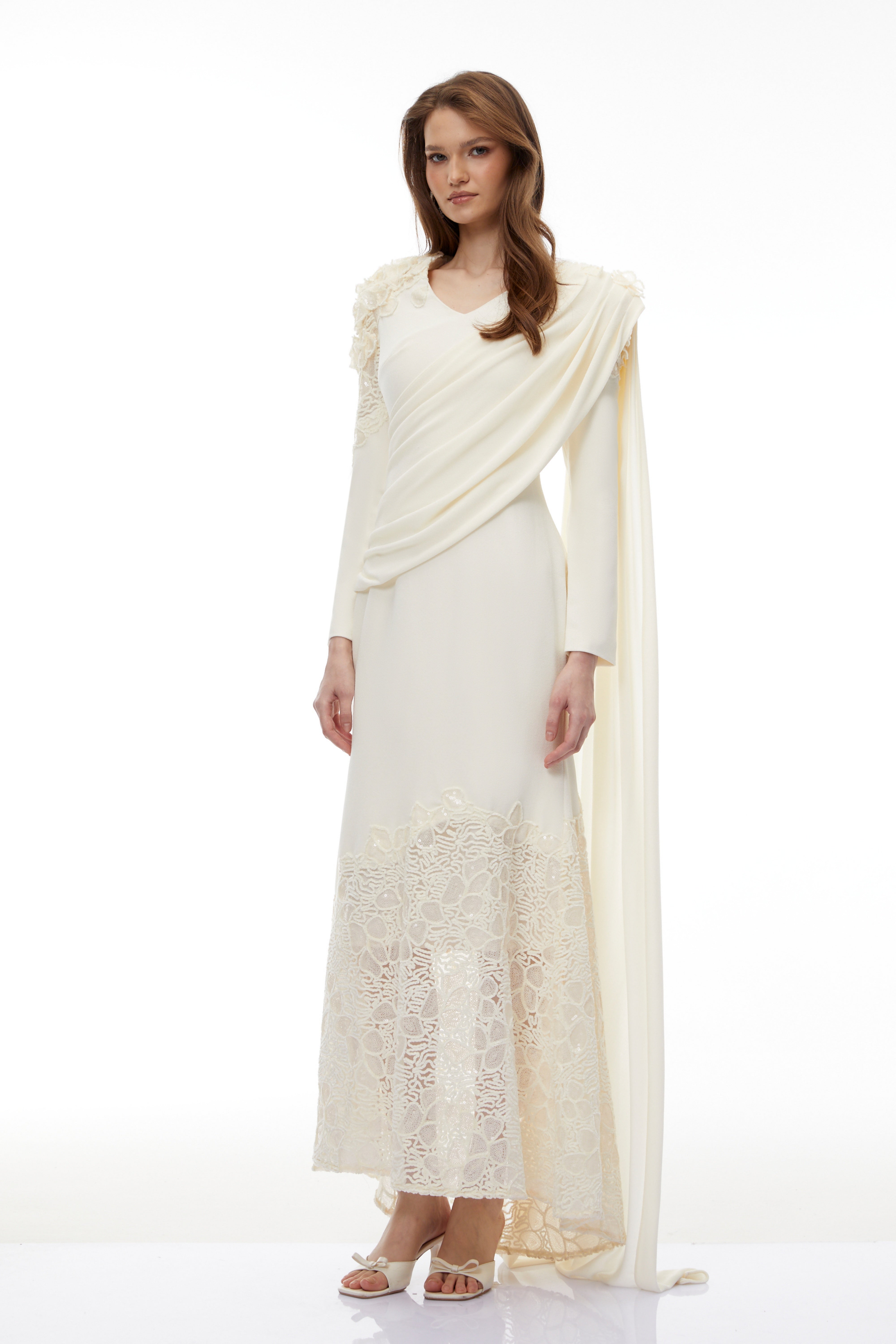 Calanthe Champagne Floral Lace Maxi Dress with Ribbon Detail (Final Sale-US Only)
