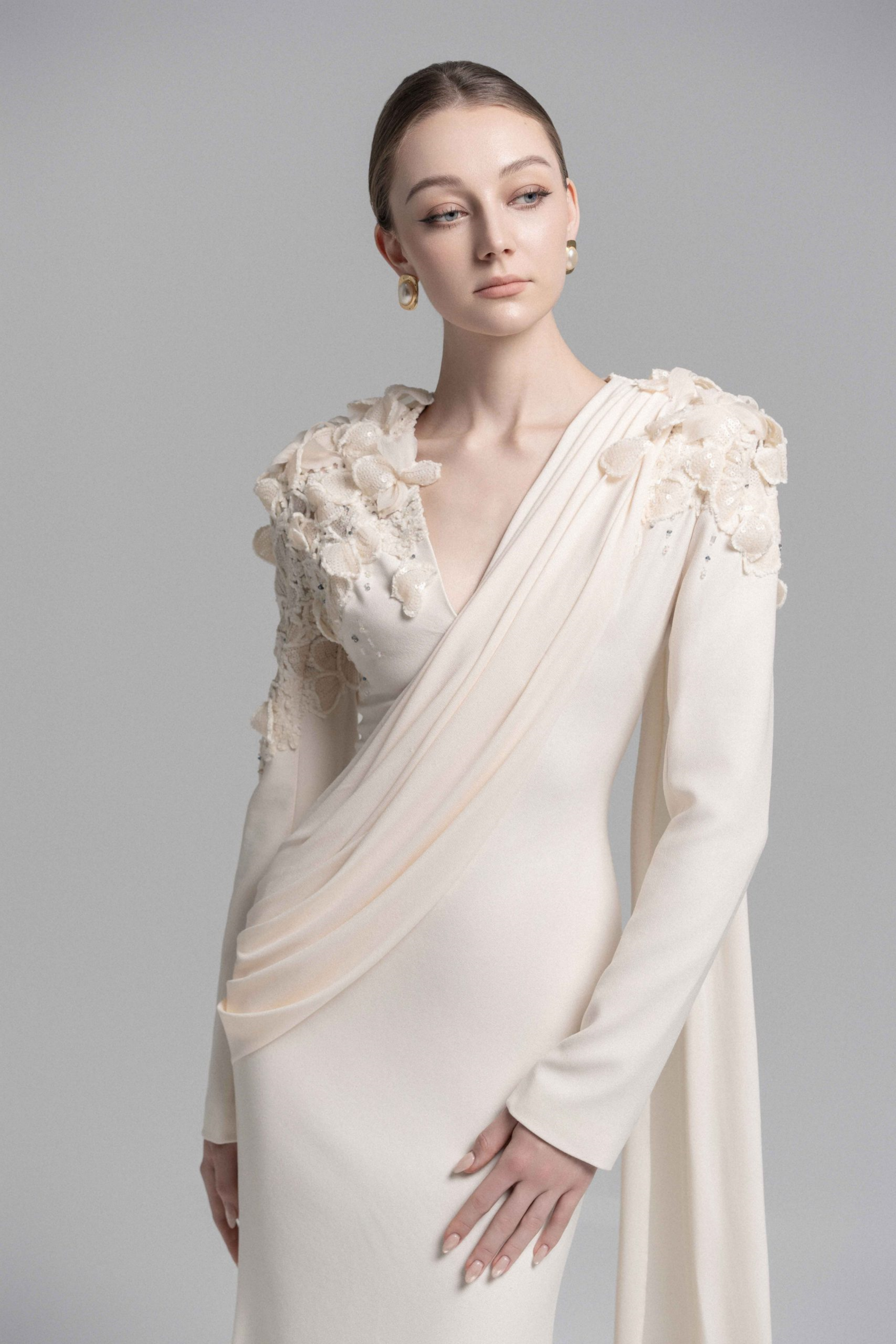 Calanthe Champagne Floral Lace Maxi Dress with Ribbon Detail