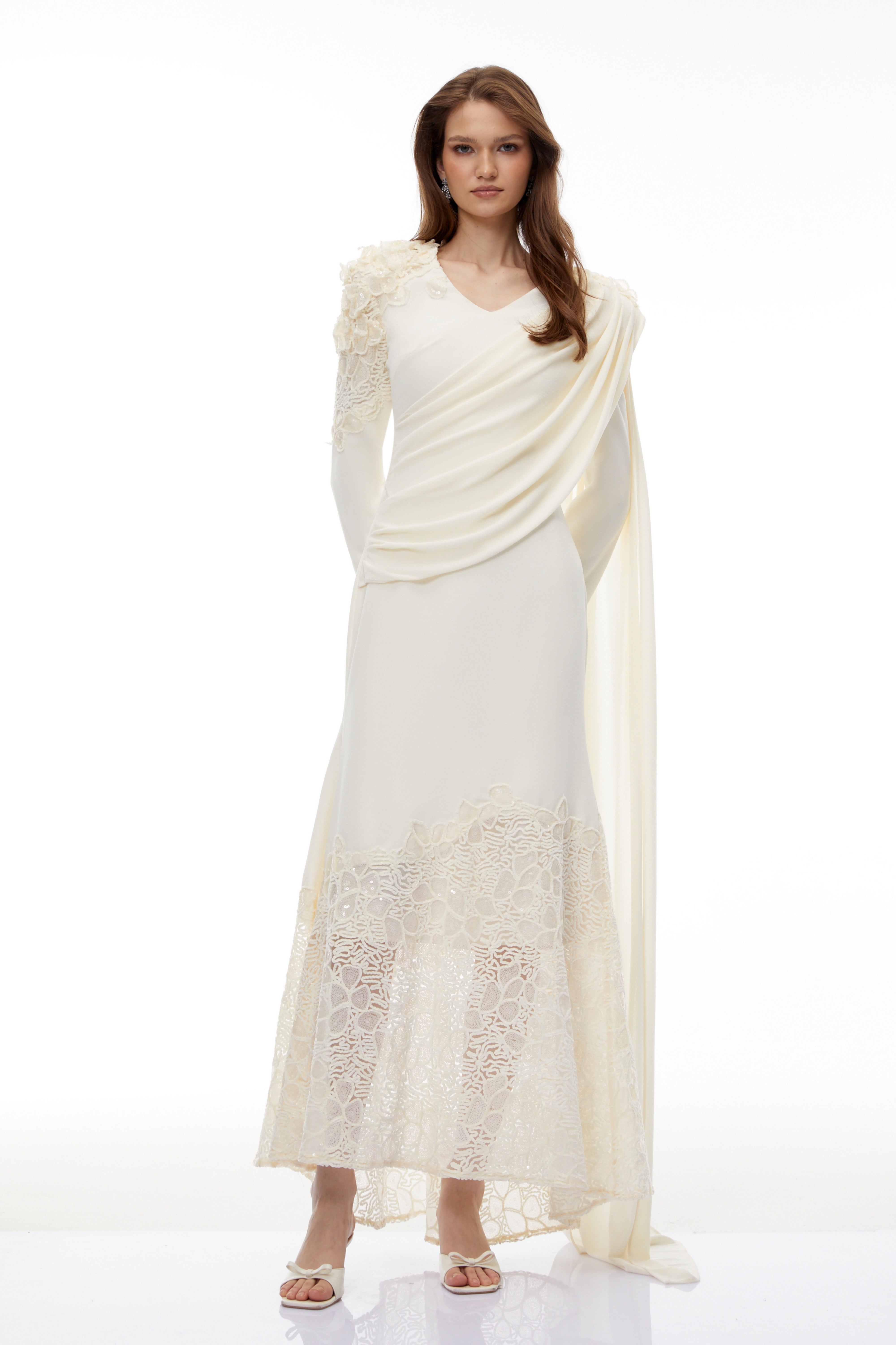 Calanthe Champagne Floral Lace Maxi Dress with Ribbon Detail (Final Sale-US Only)