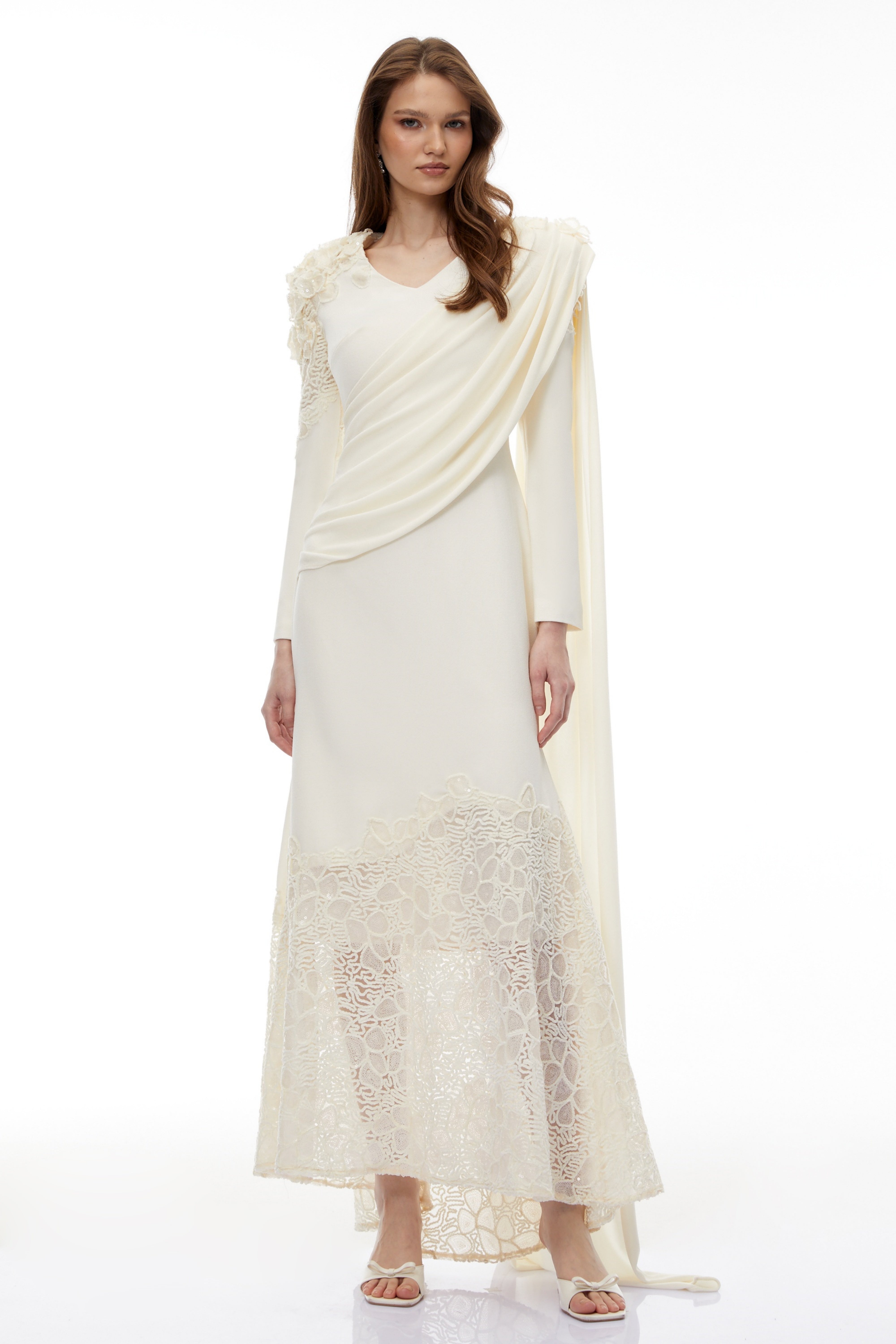 Calanthe Champagne Floral Lace Maxi Dress with Ribbon Detail (Final Sale-US Only)