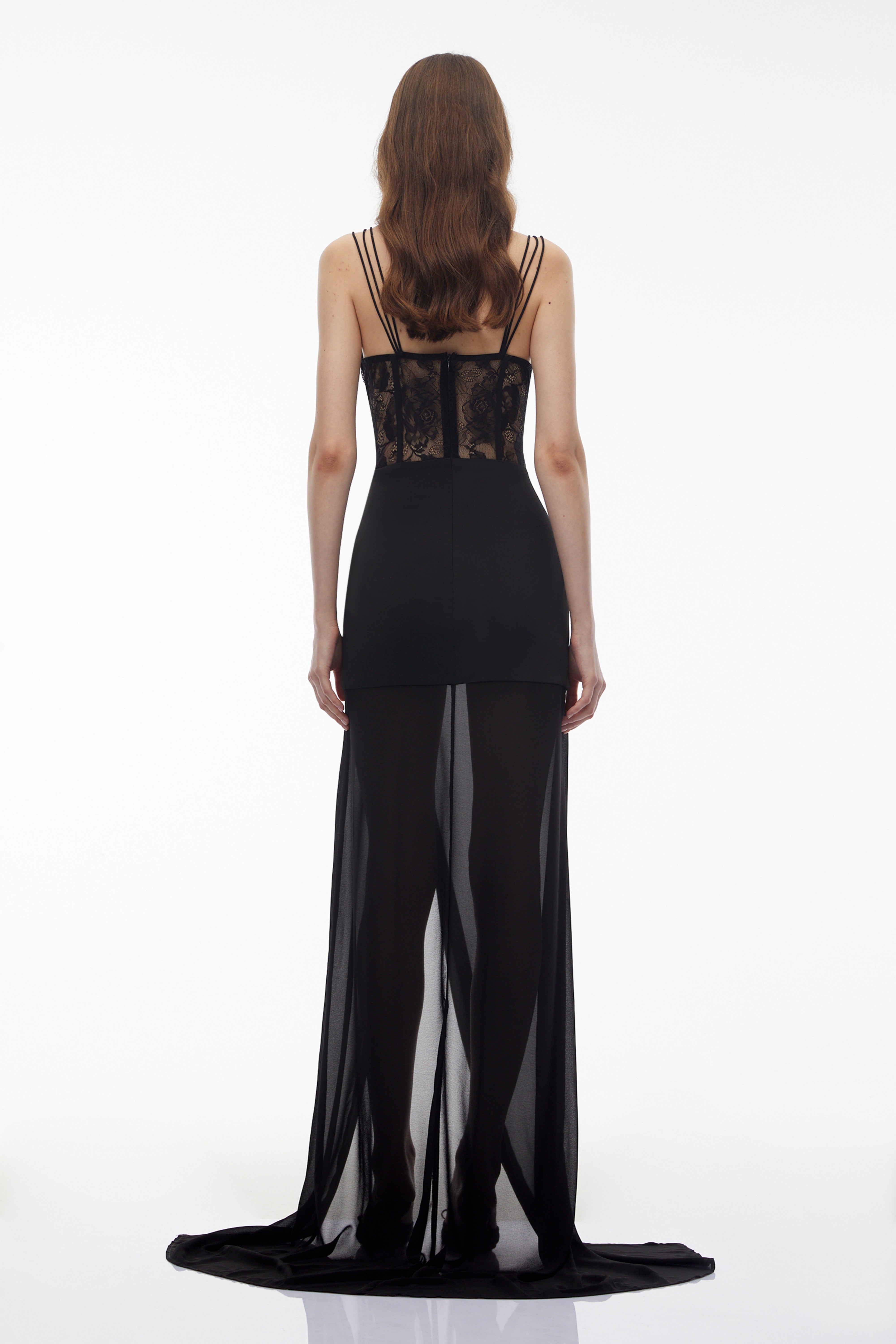 Callirhoe Black Sheer Lace Corset Maxi Dress