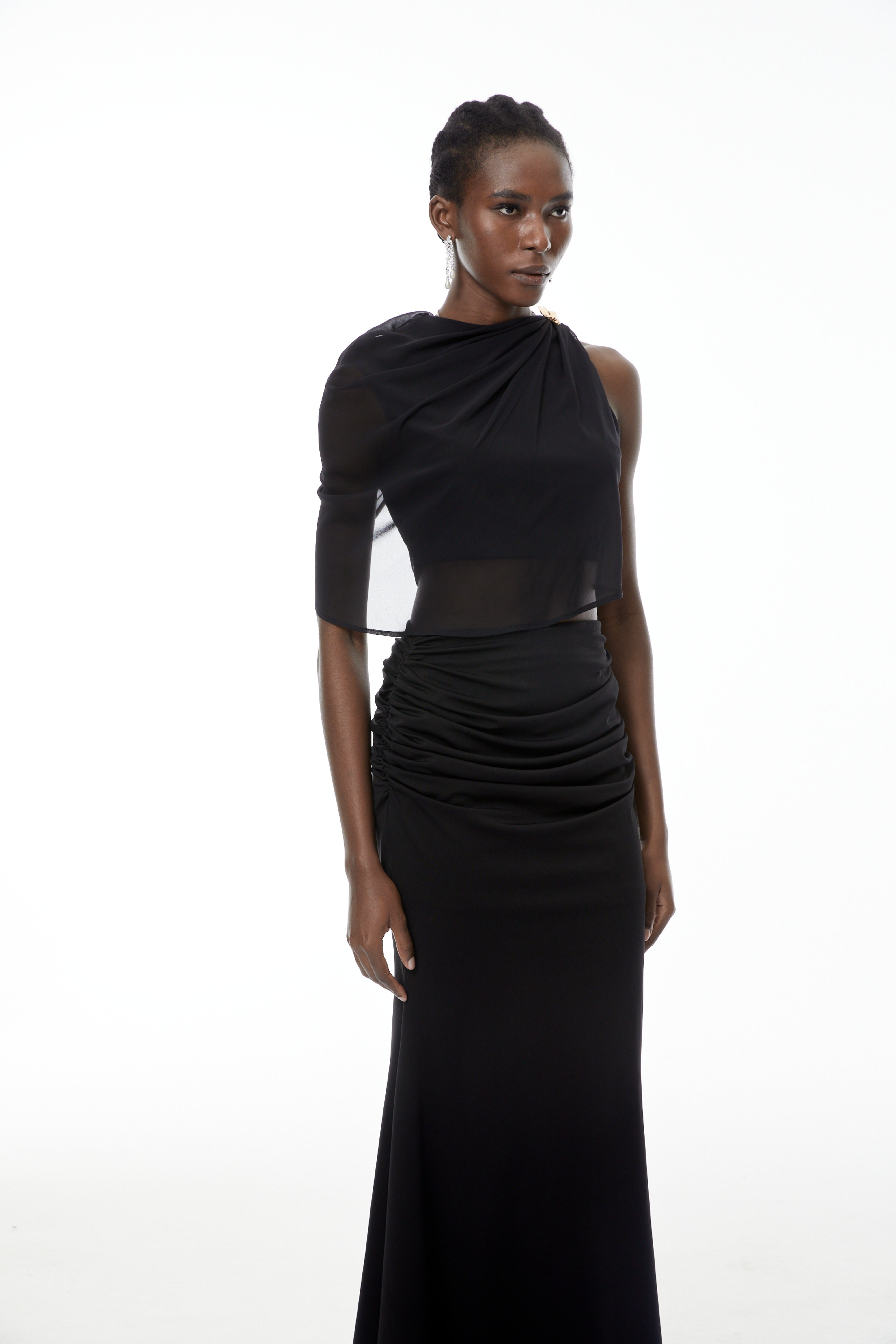 Calypso Black Asymmetrical Ruched Top & Skirt Set