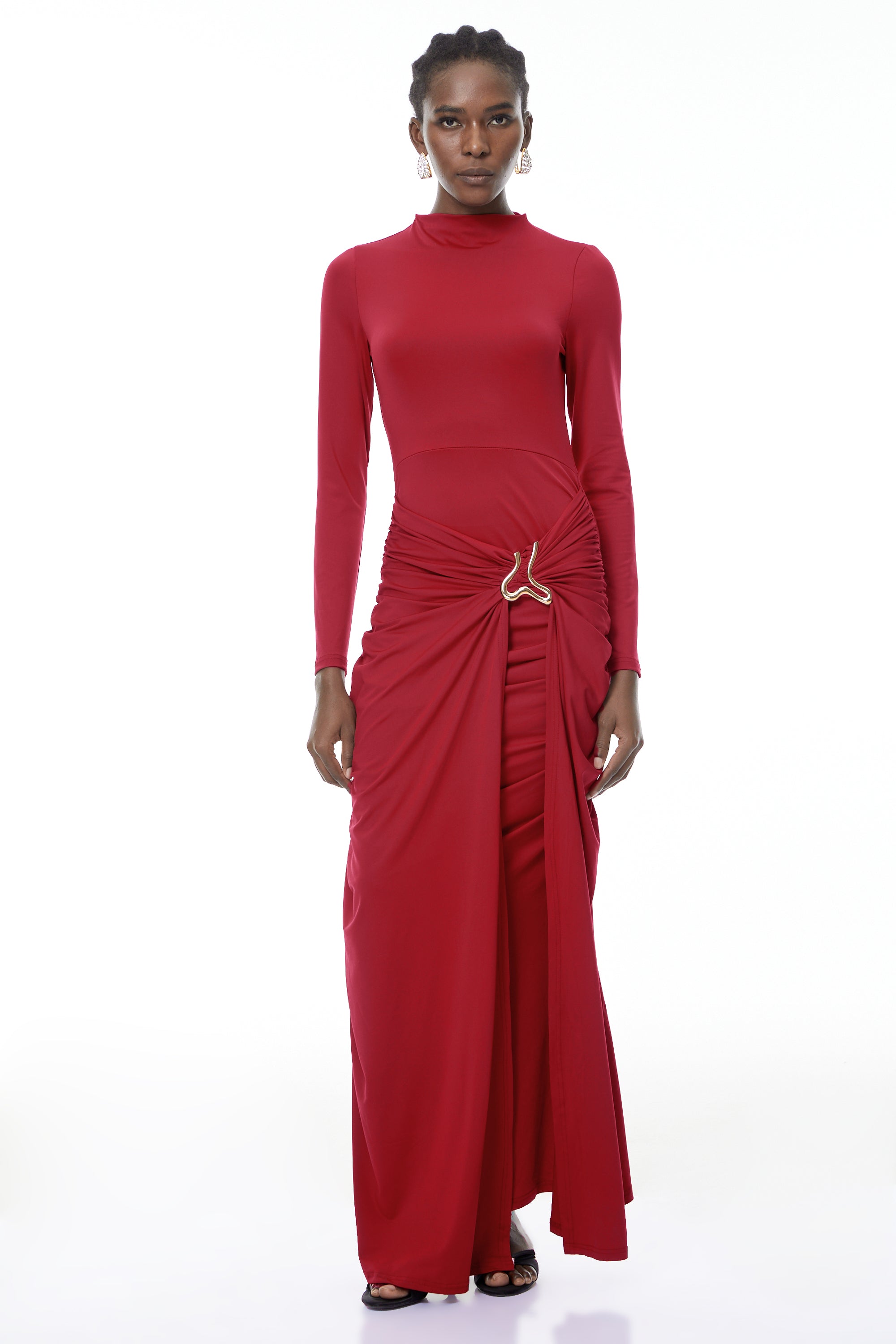 red maxi dress sale Cambria Red Ruched Maxi Dress with Metal Buckle (Final Sale)