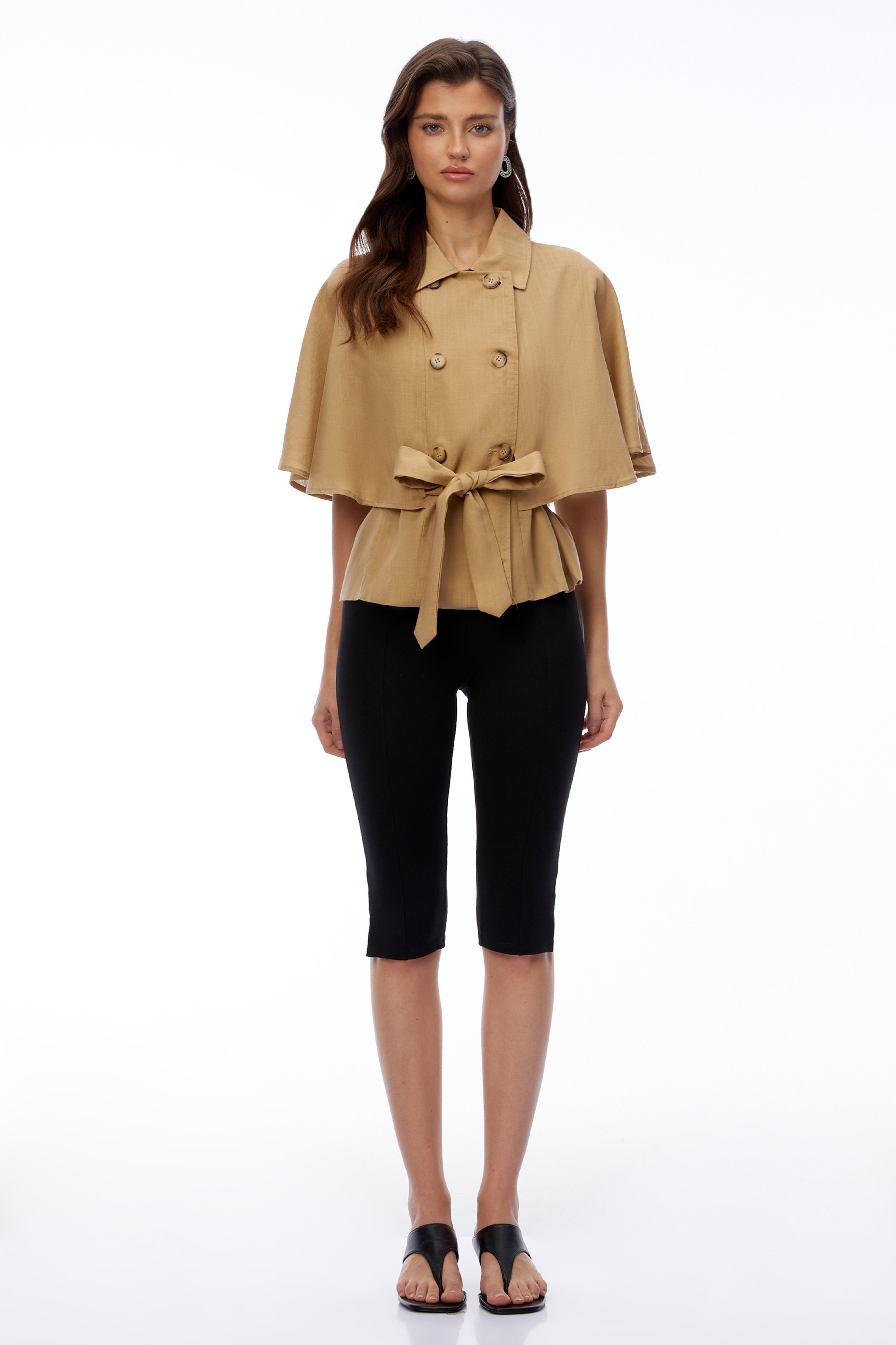 Camila Khaki Button Down Coat with Cape Sleeves