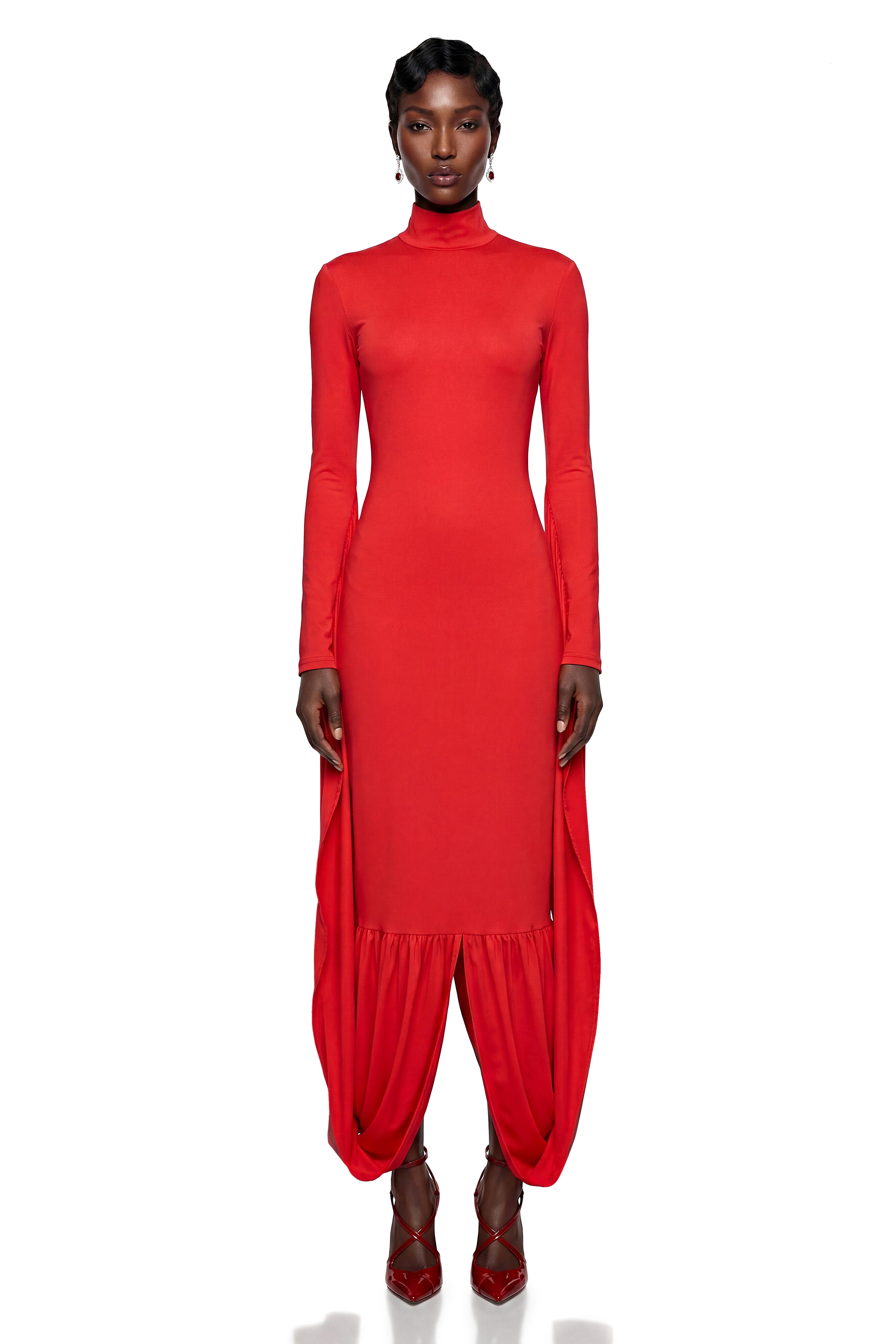 Camila Red Bodycon Midi Dress with Gathered balloon hem