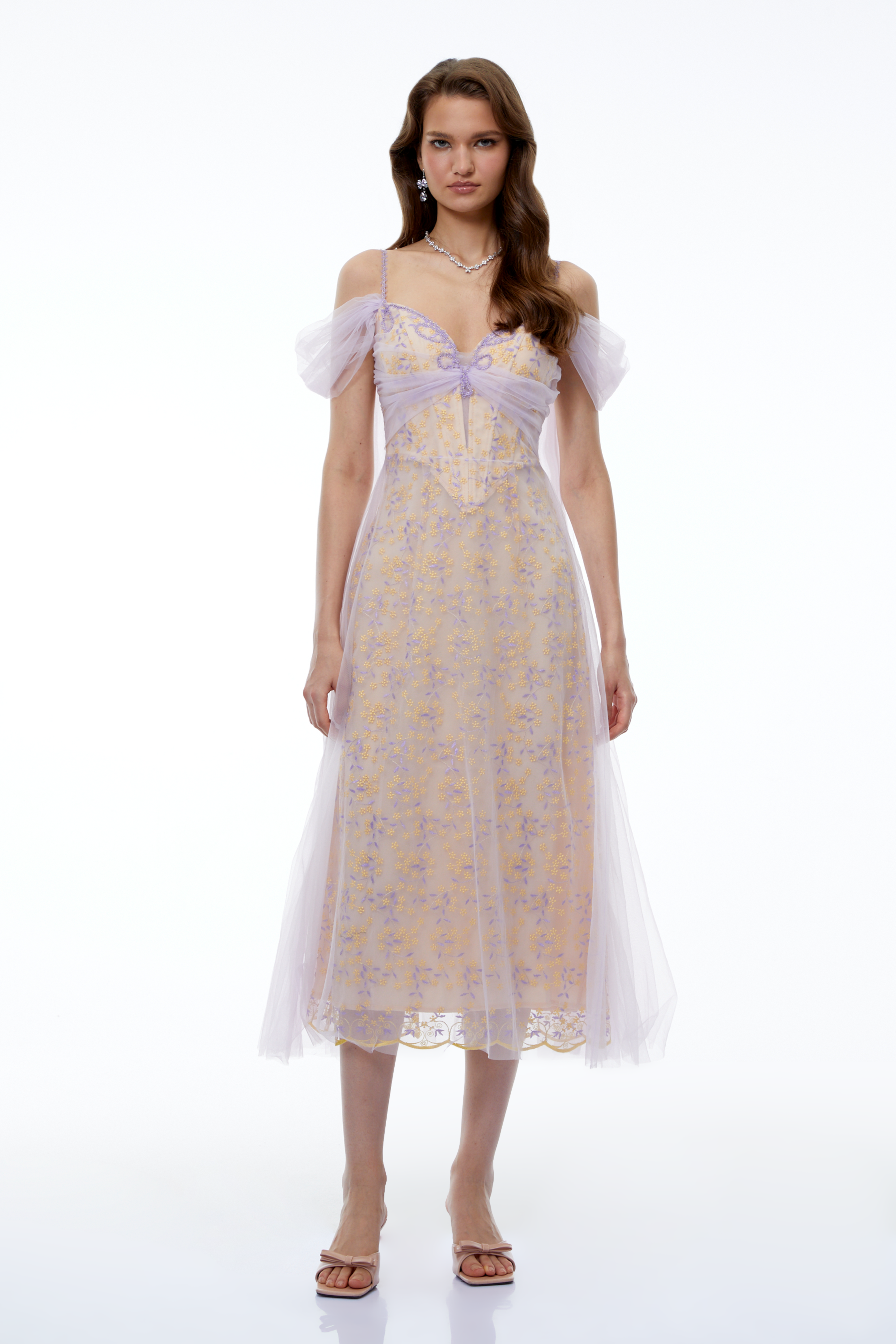 Camille Purple Off Shoulder Floral Embroidered Midi Dress