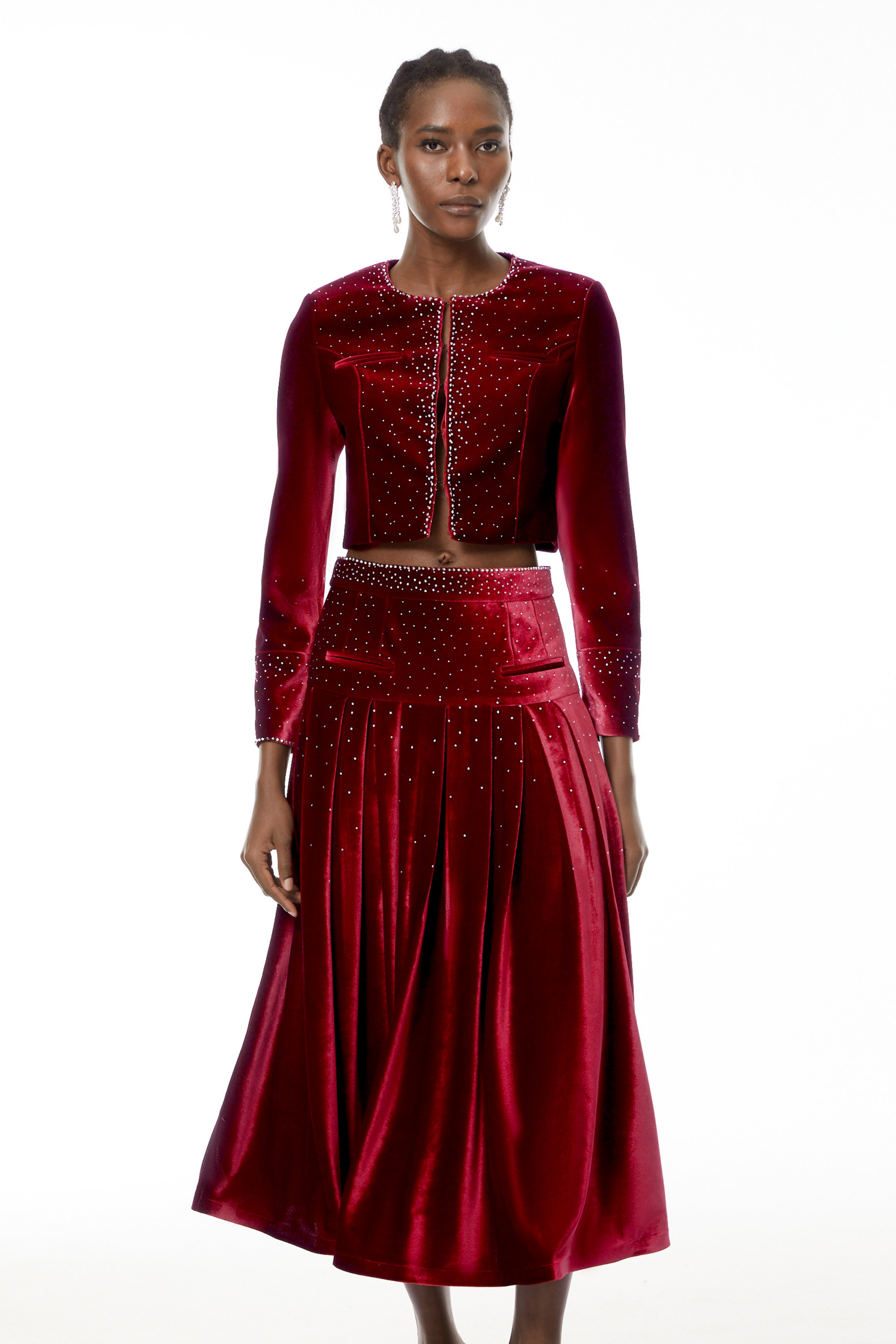 Candela Red Velvet Rhinestone Embellished Jacket & Skirt Set
