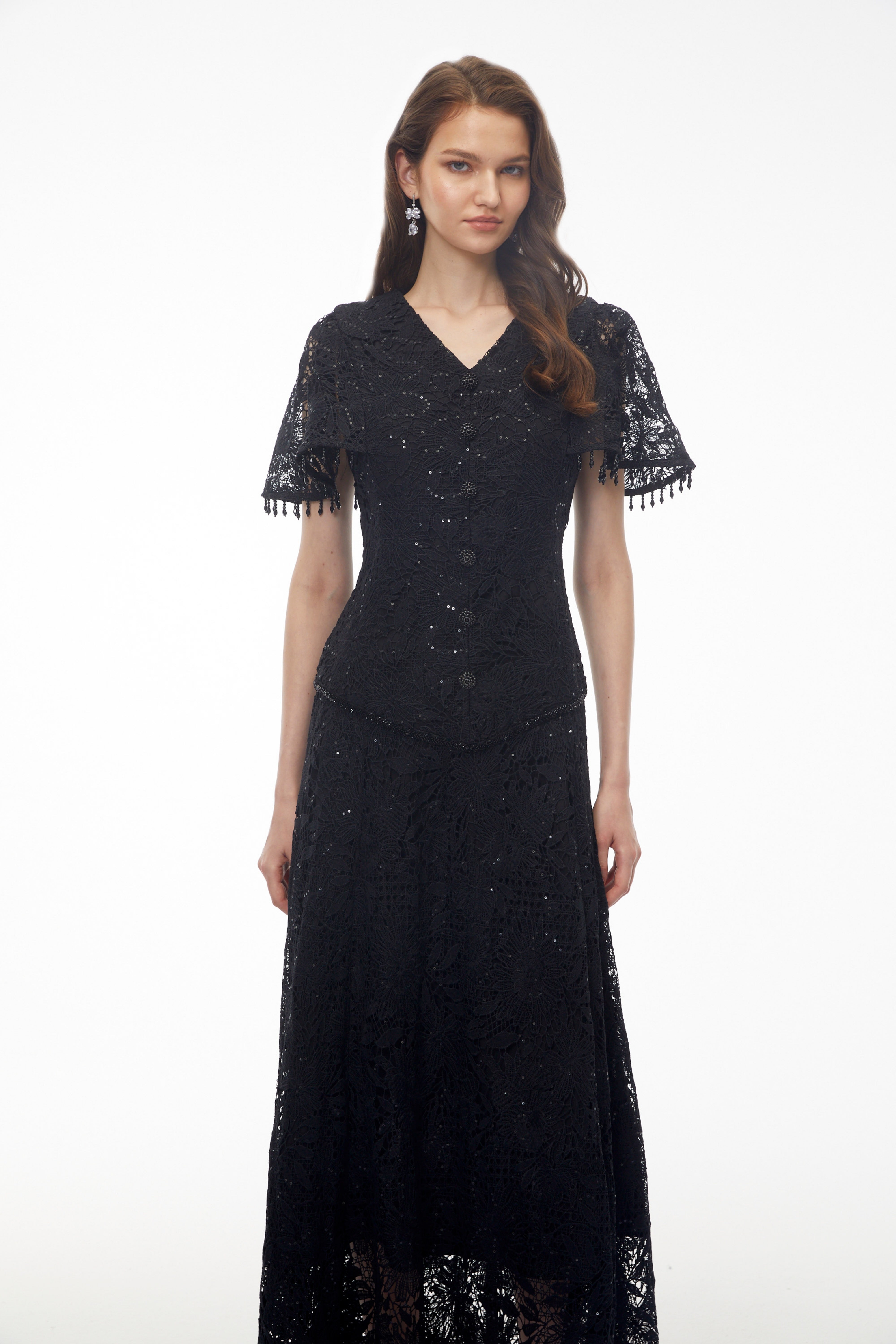 Carlota Black Sequin Floral Lace Maxi Dress