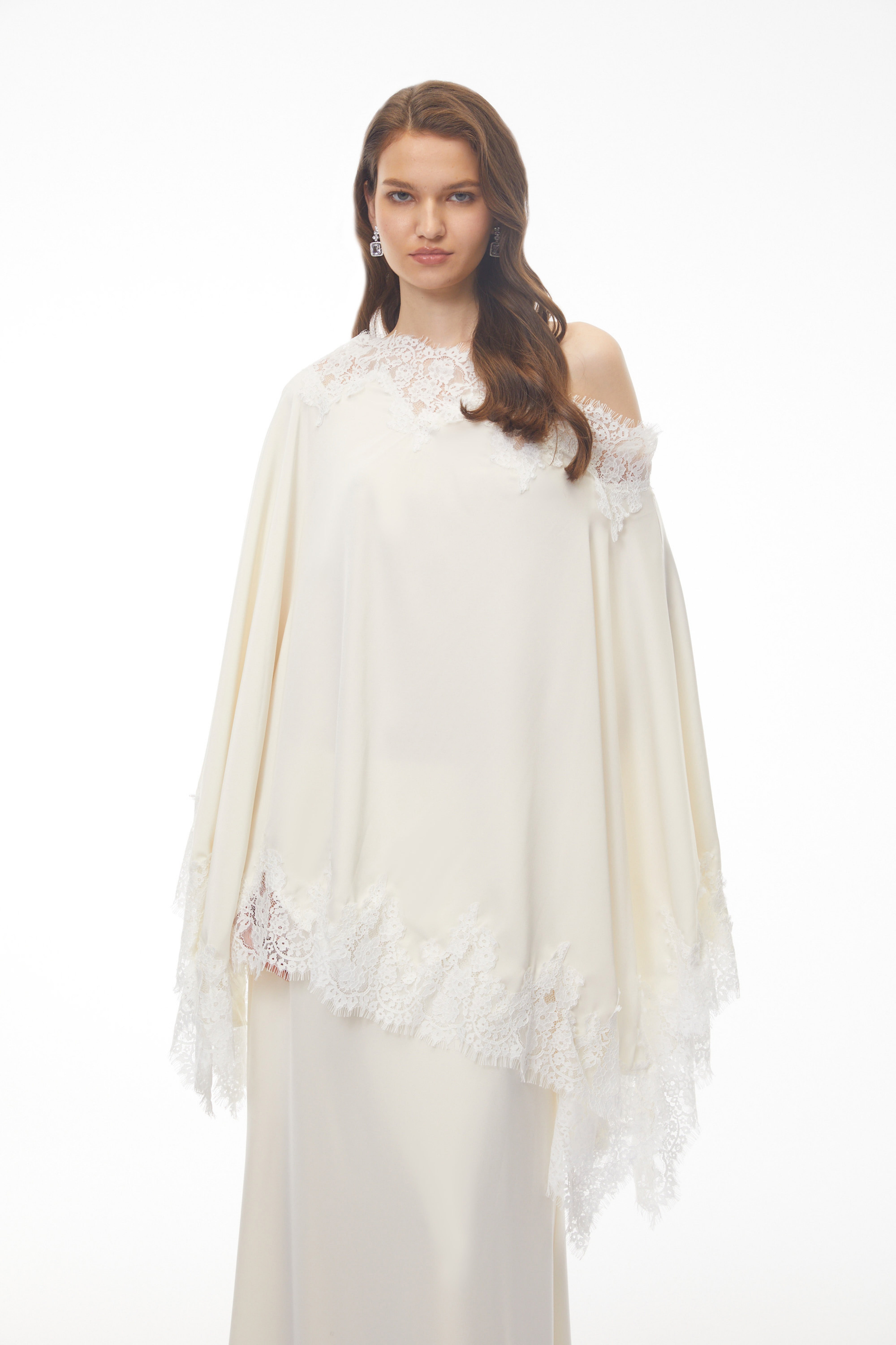 Carlota Cream Maxi Dress with Cape and Lace Trim