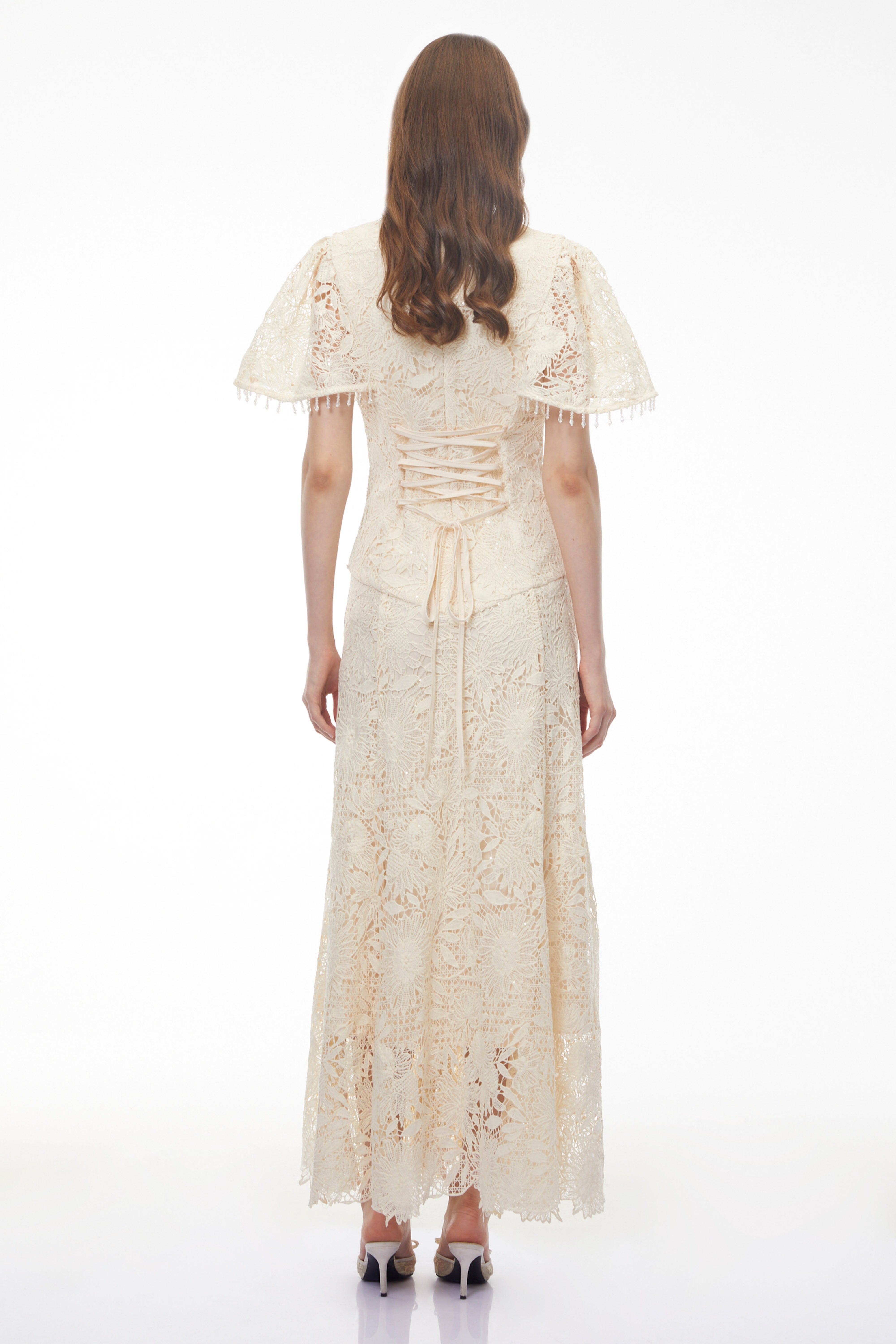 Carlota White Sequin Floral Lace Maxi Dress