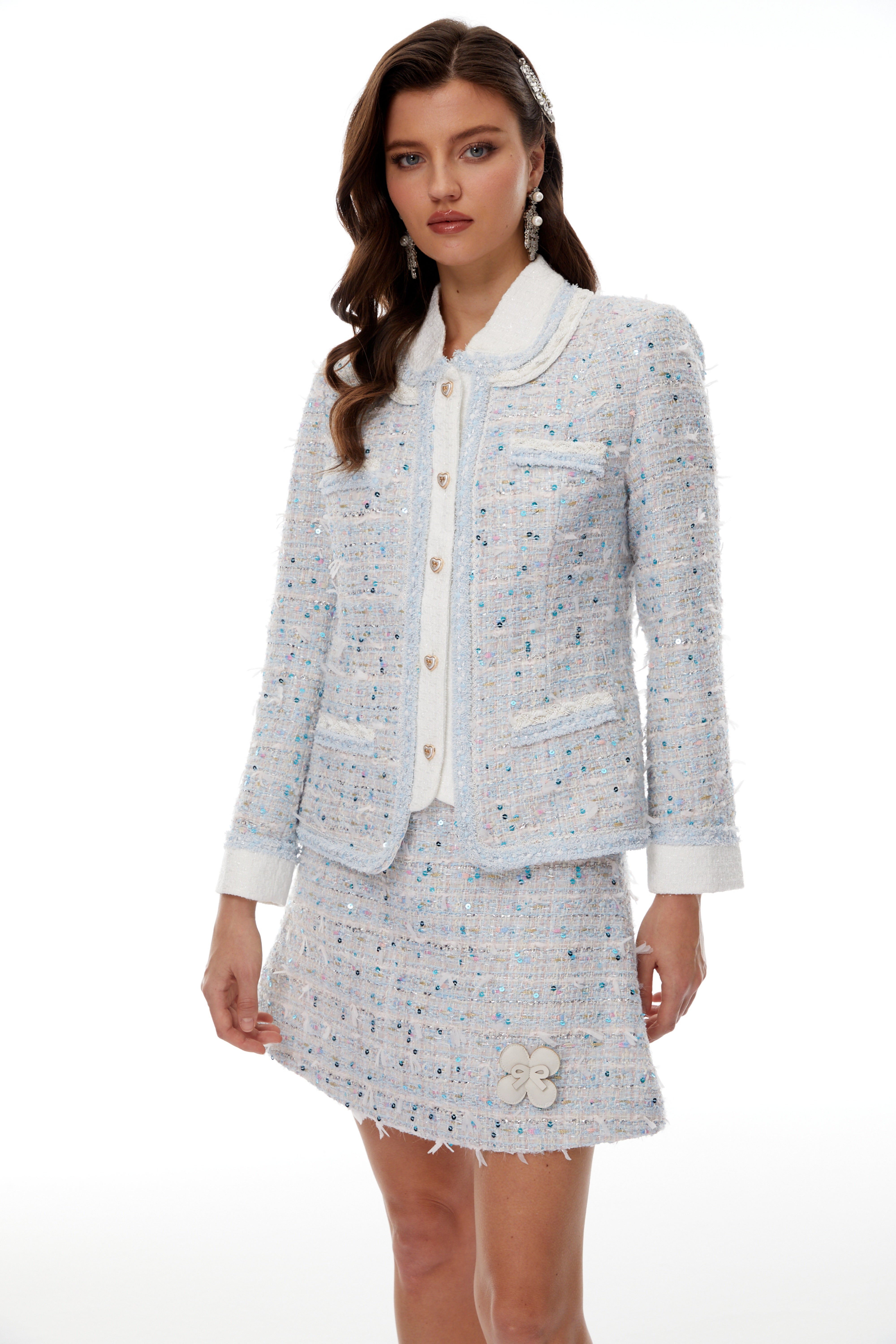 Carol Blue Tweed Jacket & 3D Petal Skirt Set