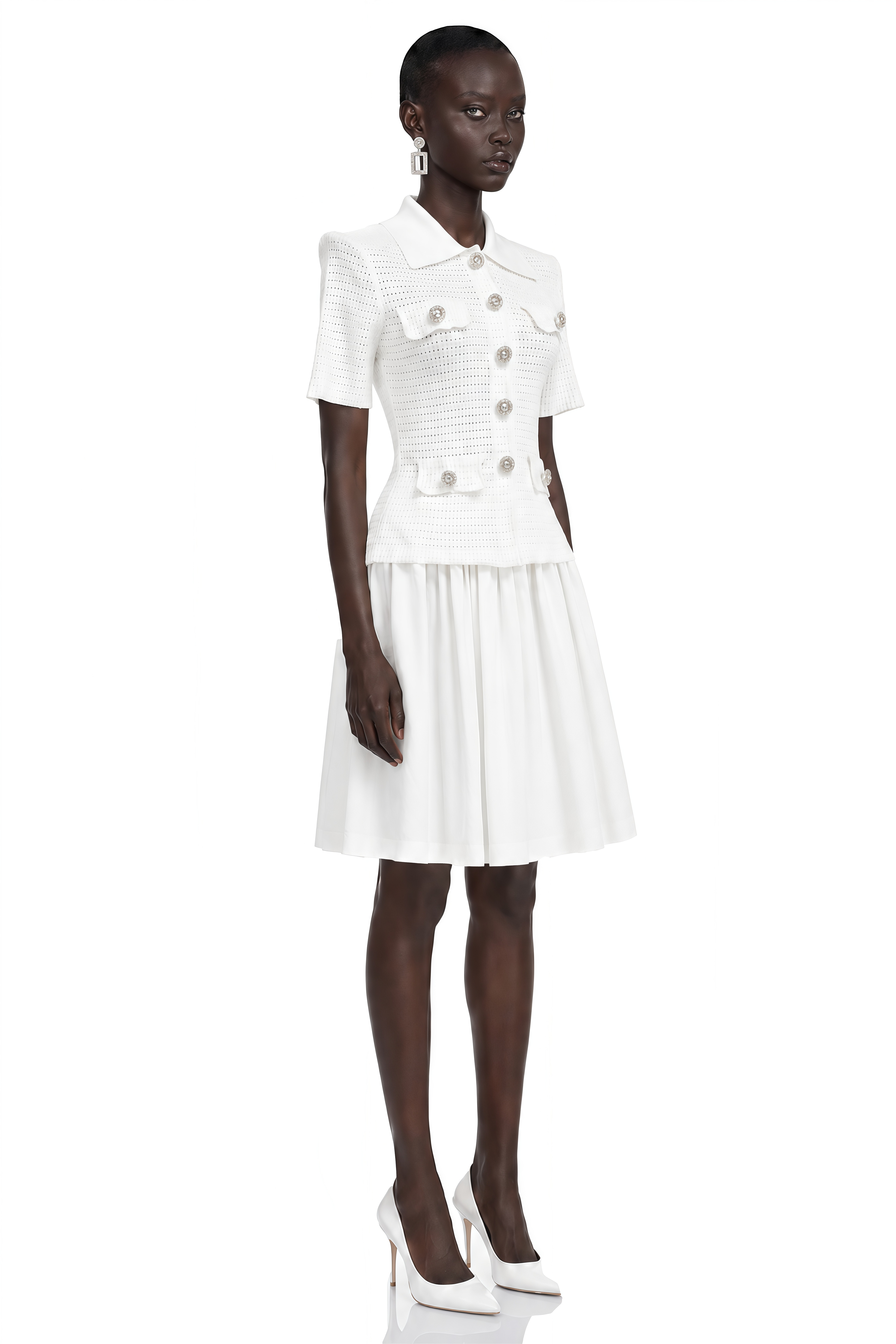 Carol White Collared Blouse & Pleated Skirt Set