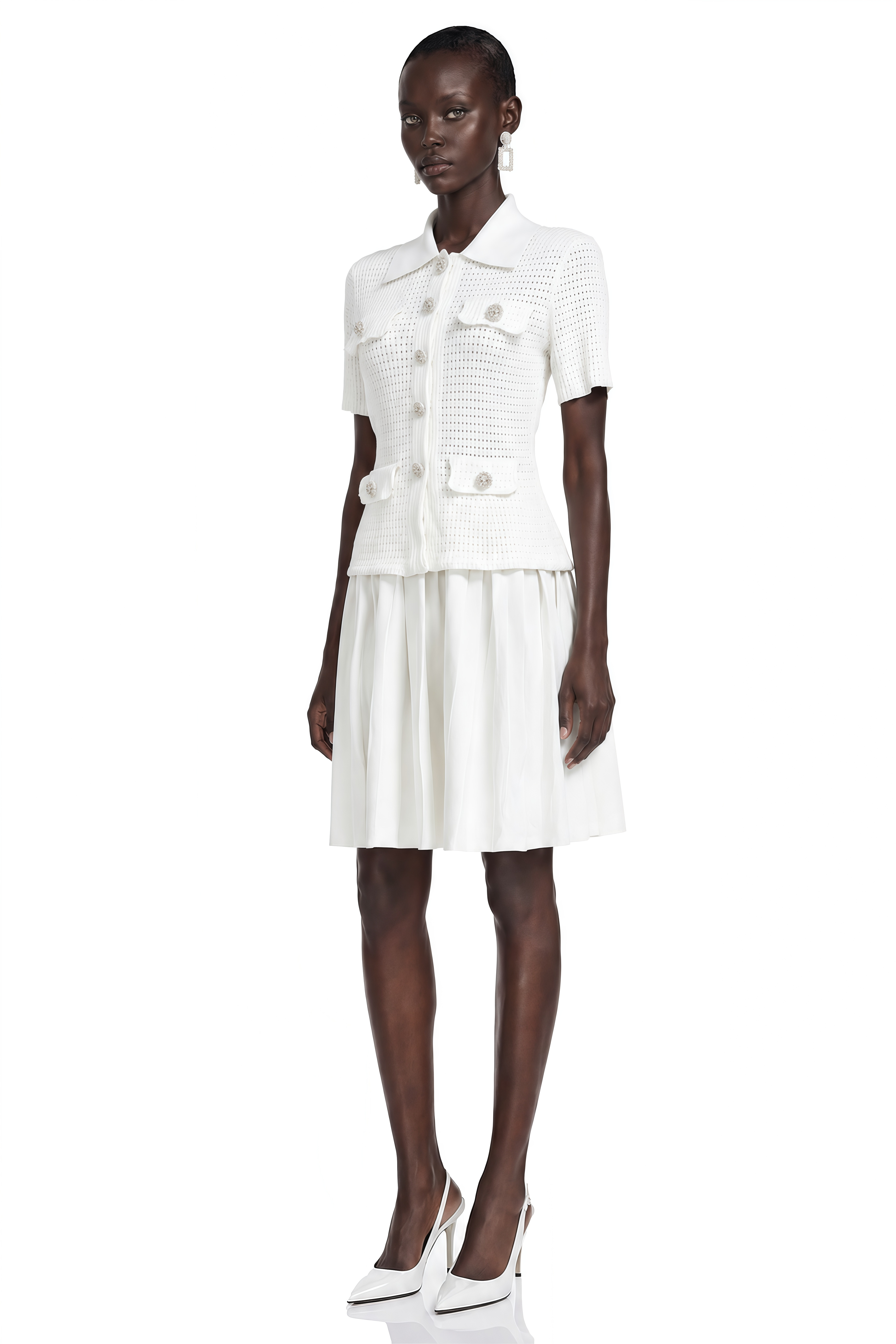 Carol White Collared Blouse & Pleated Skirt Set