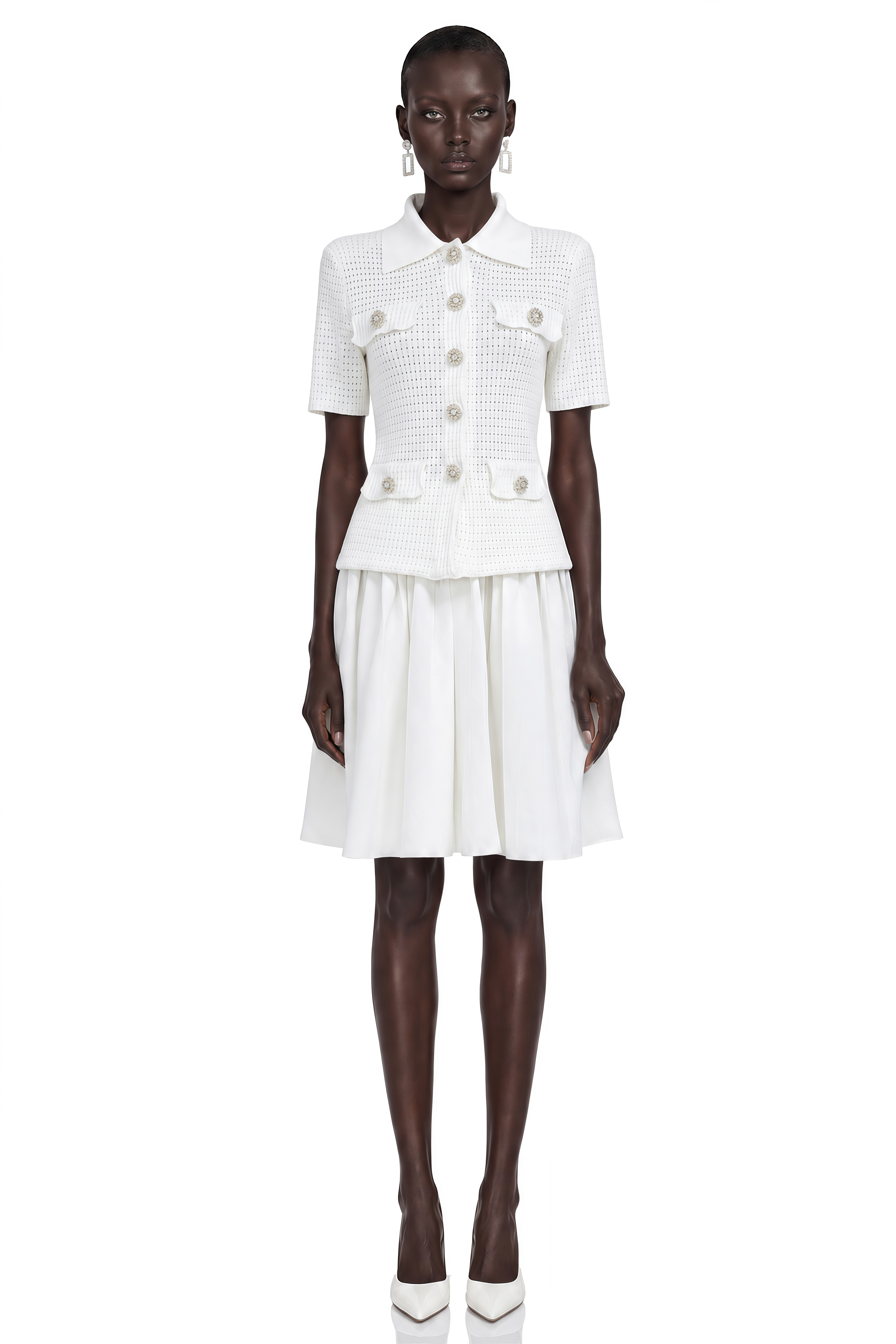 Carol White Collared Blouse & Pleated Skirt Set