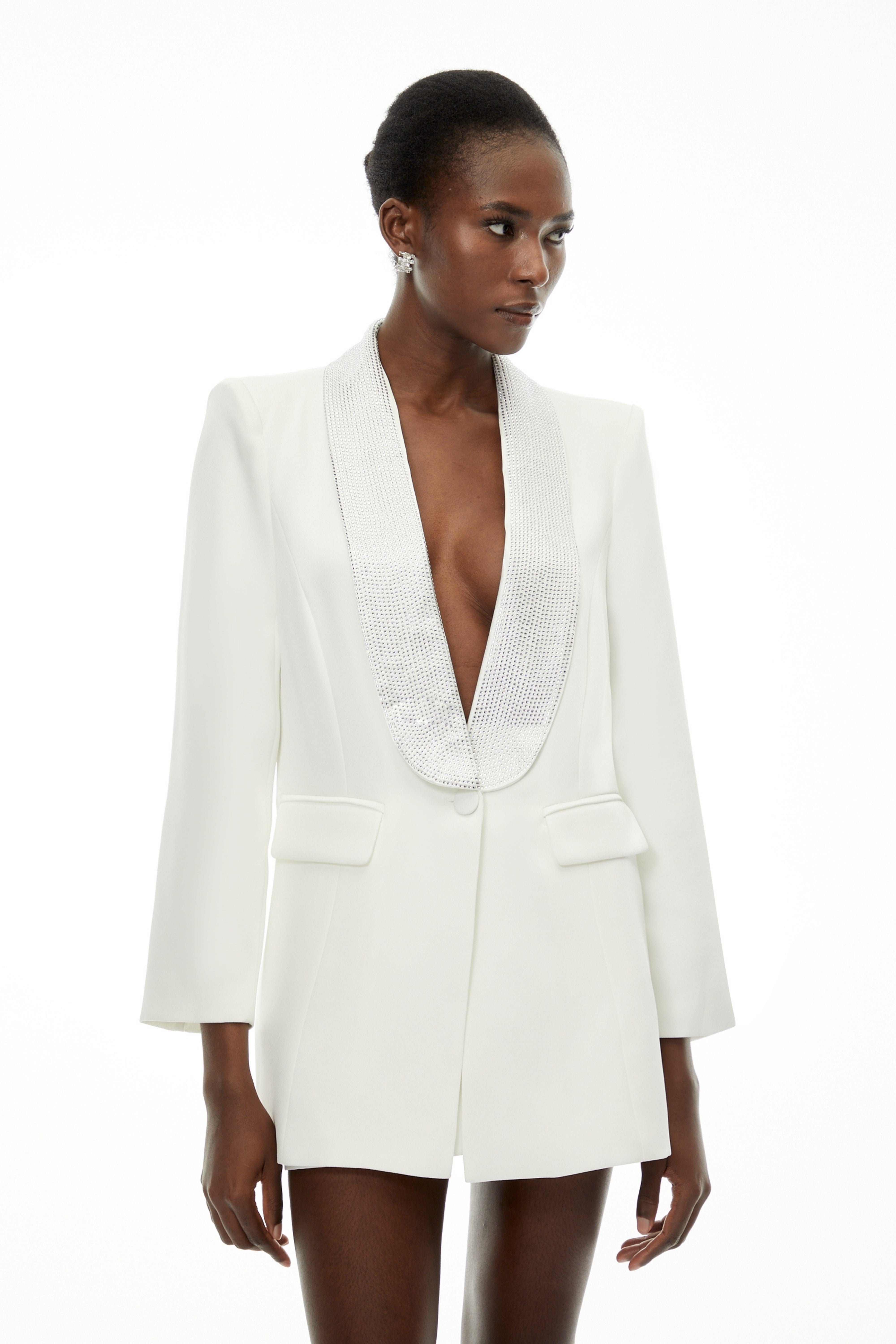Caterina White Plunge Neck Embellished Blazer