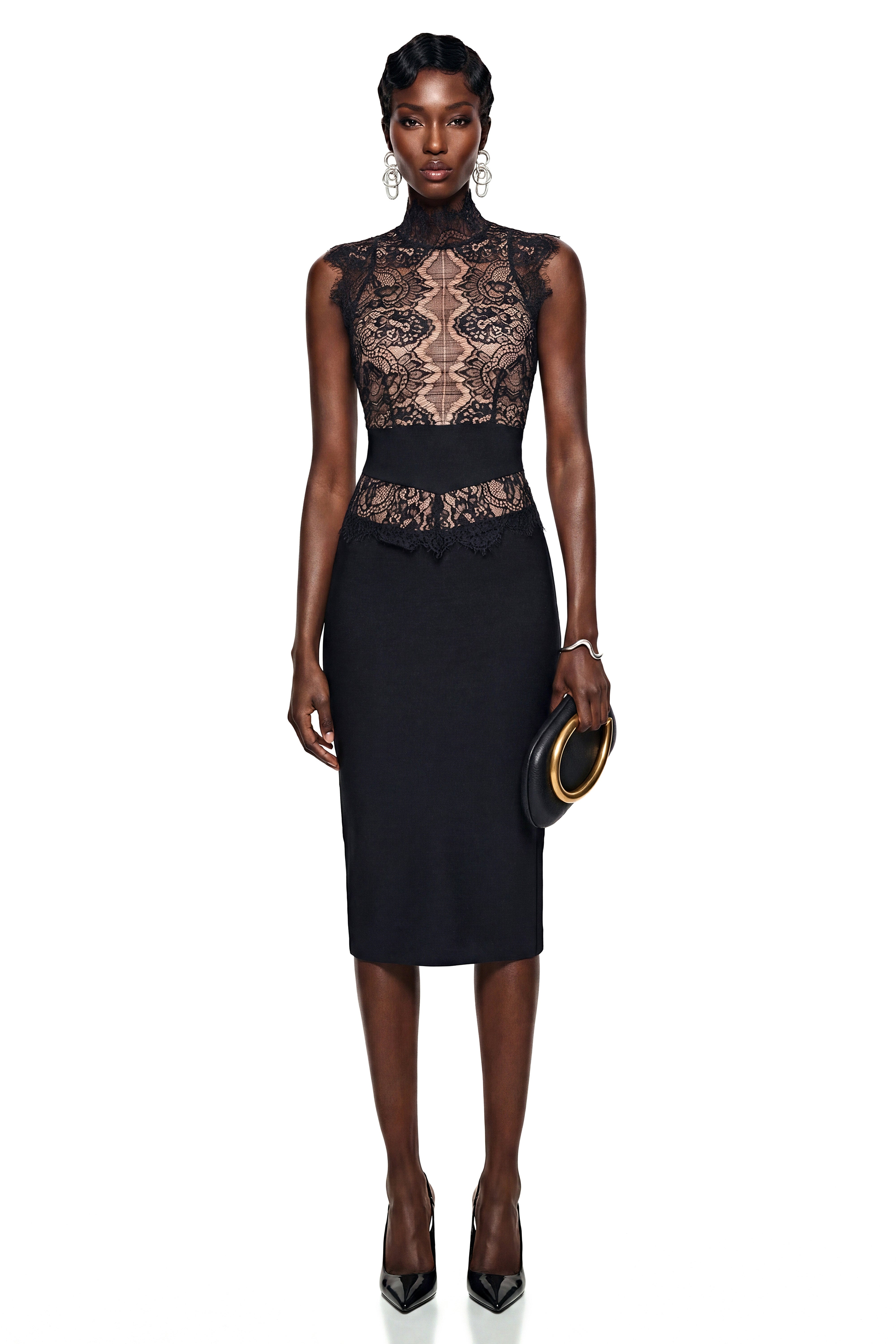 Catherine Black Mock Neck Floral Lace Midi Dress Catherine Black Mock Neck Floral Lace Midi Dress