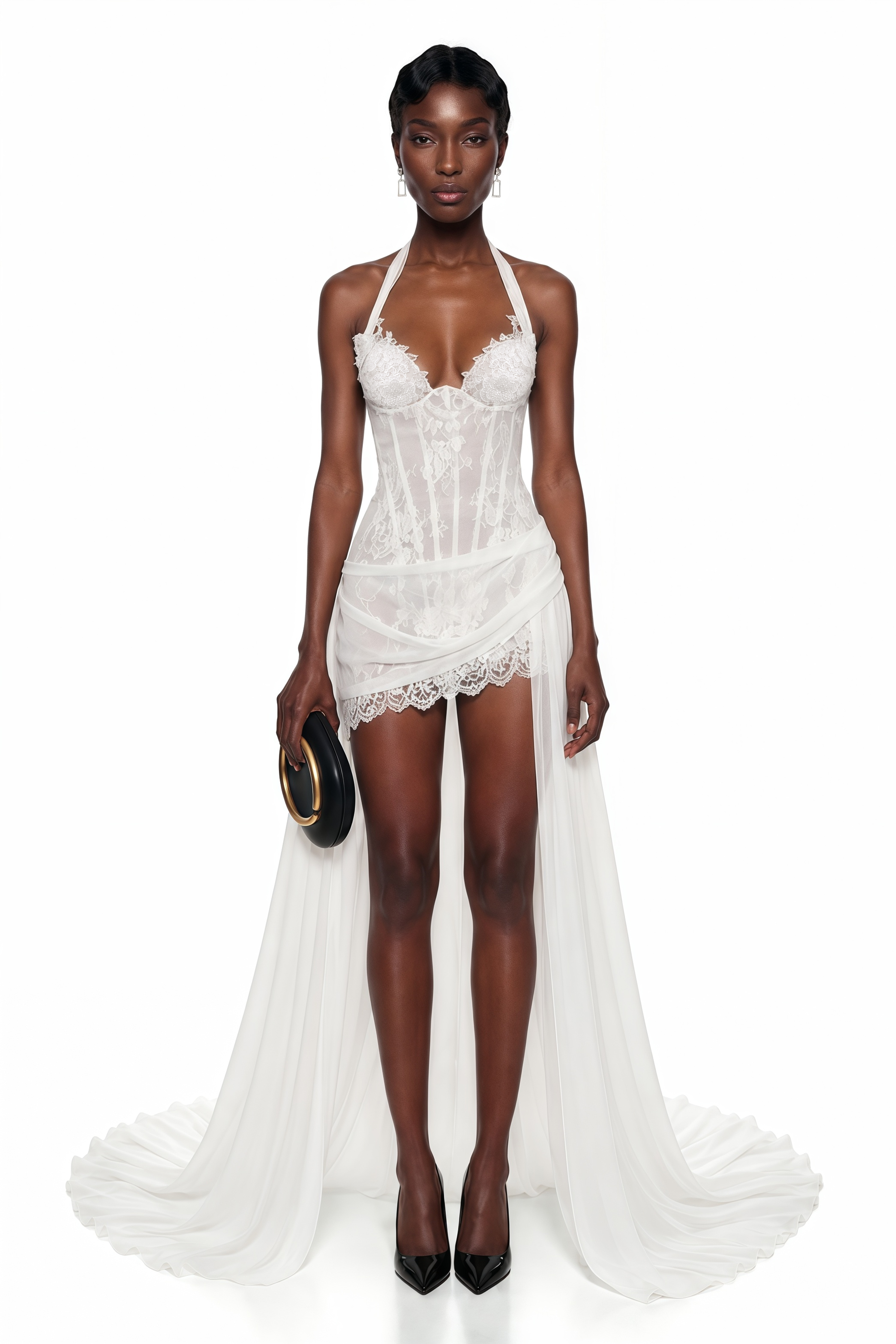 Cleste White Halterneck Floral Lace Mini Dress with Train Cleste White Halterneck Floral Lace Mini Dress with Train