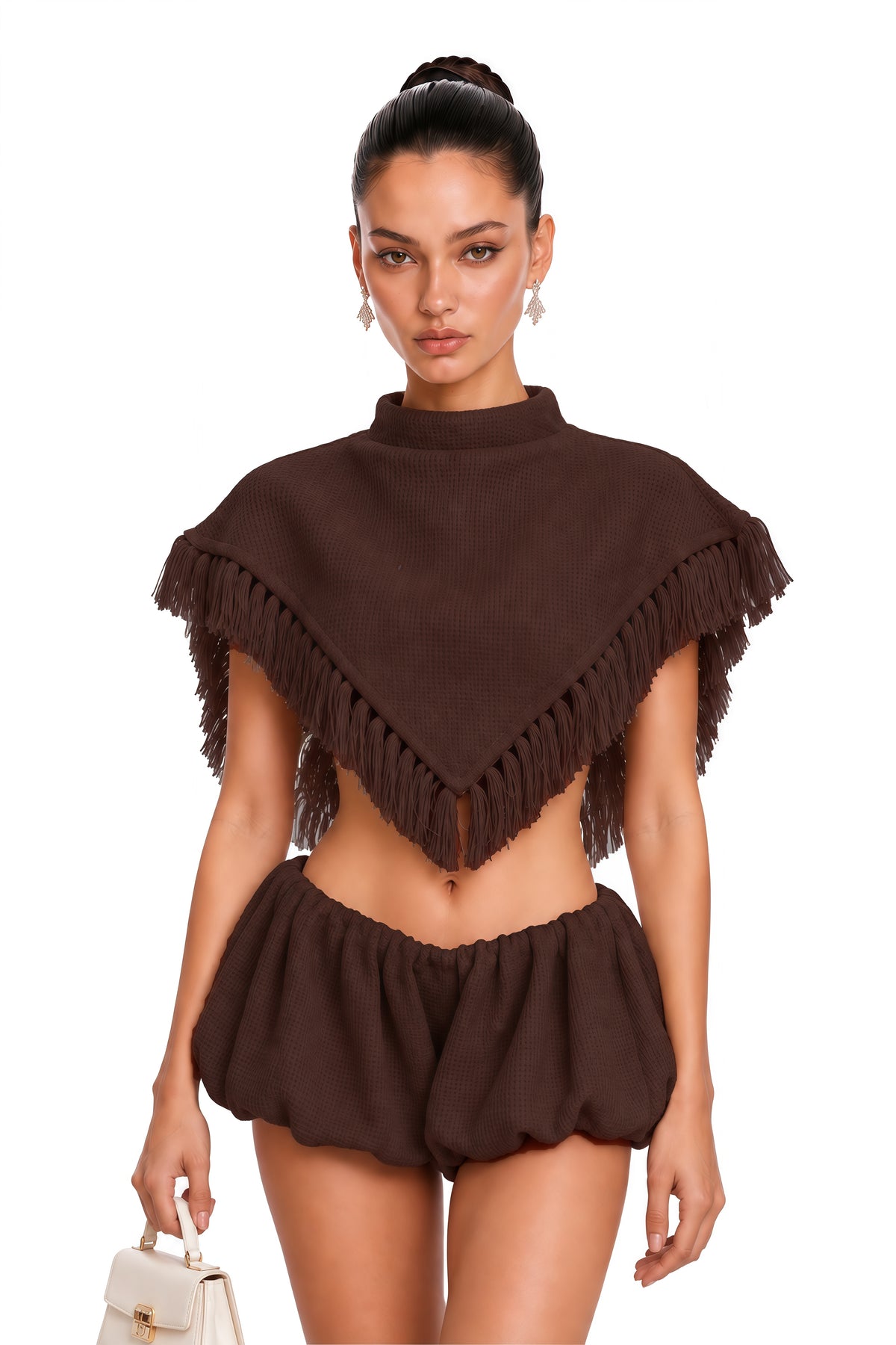 celestine brown fringe crop top & shorts set
