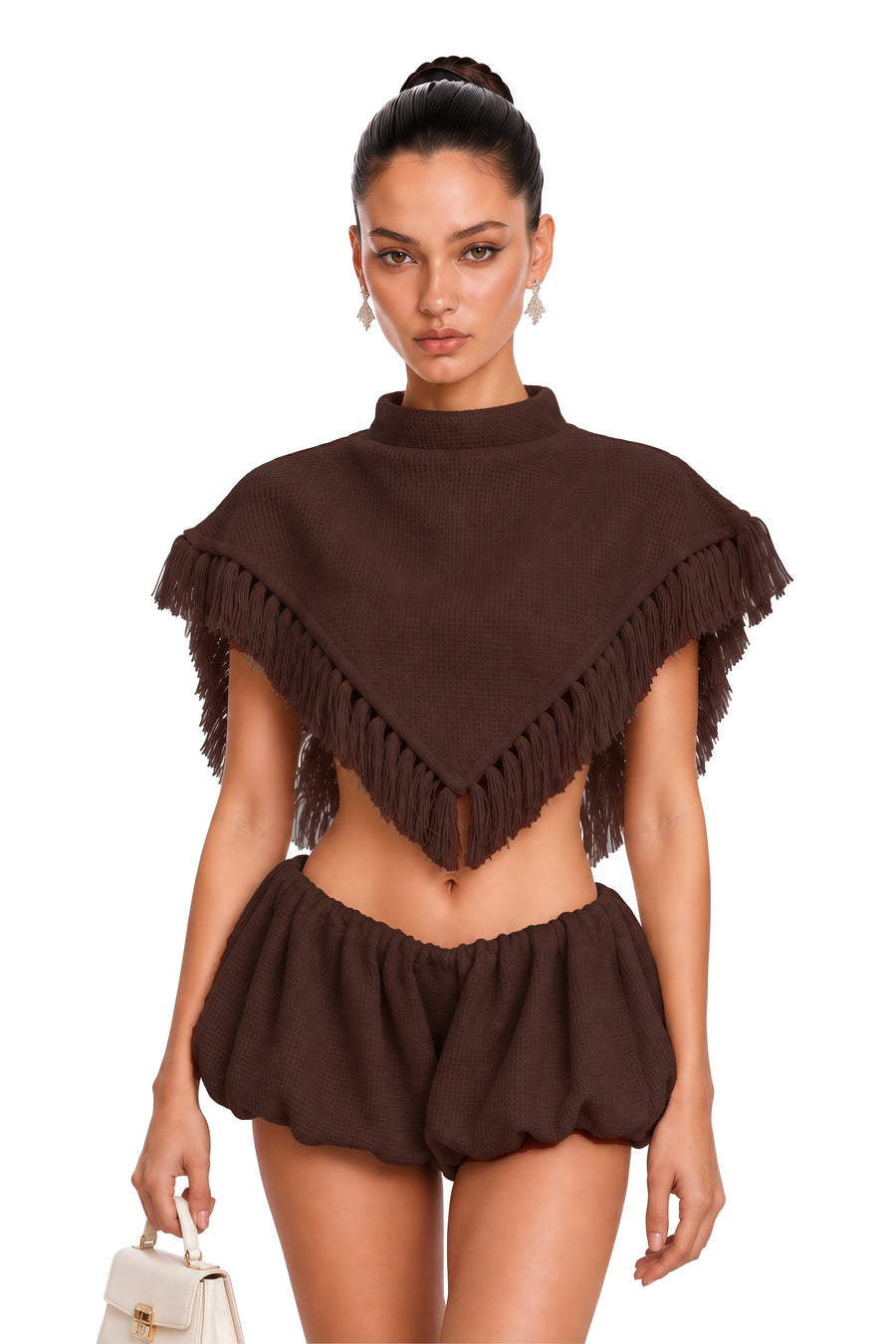 celestine brown fringe crop top & shorts set