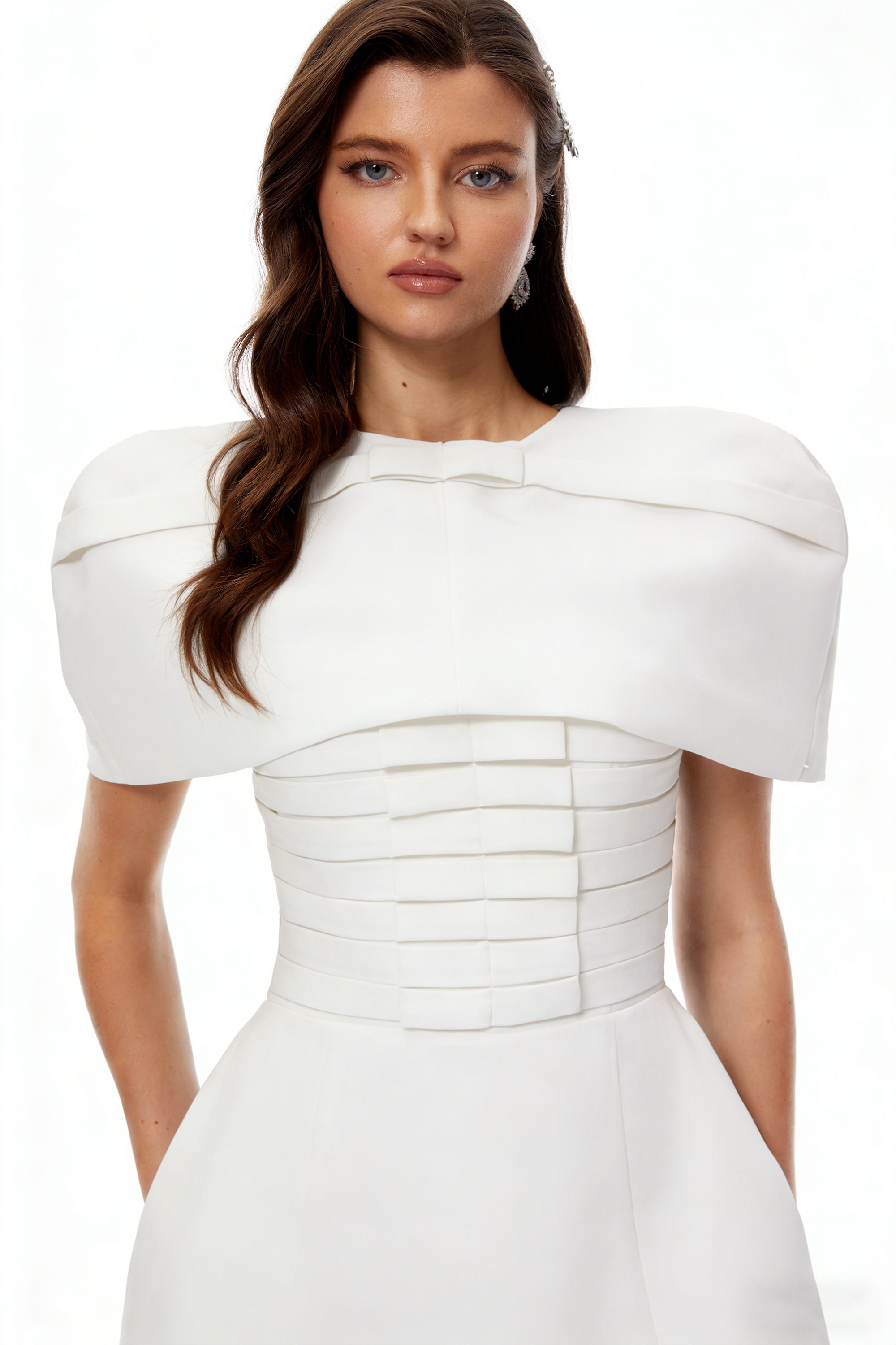 Celía White Cape Design Flared Mini Dress