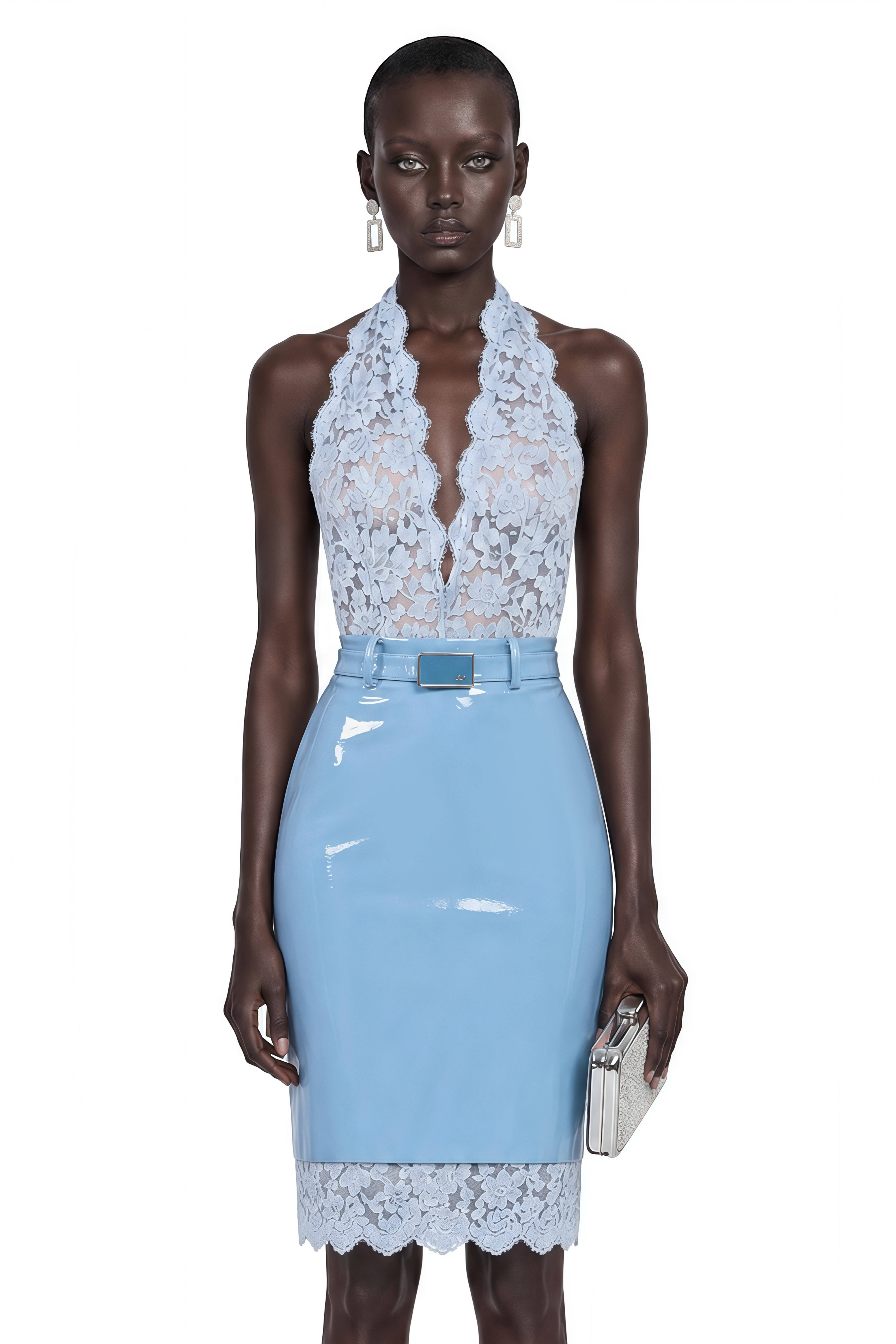 Cennet Blue Plunge Neck Lace Bodysuit & Skirt Set (Without Belt)