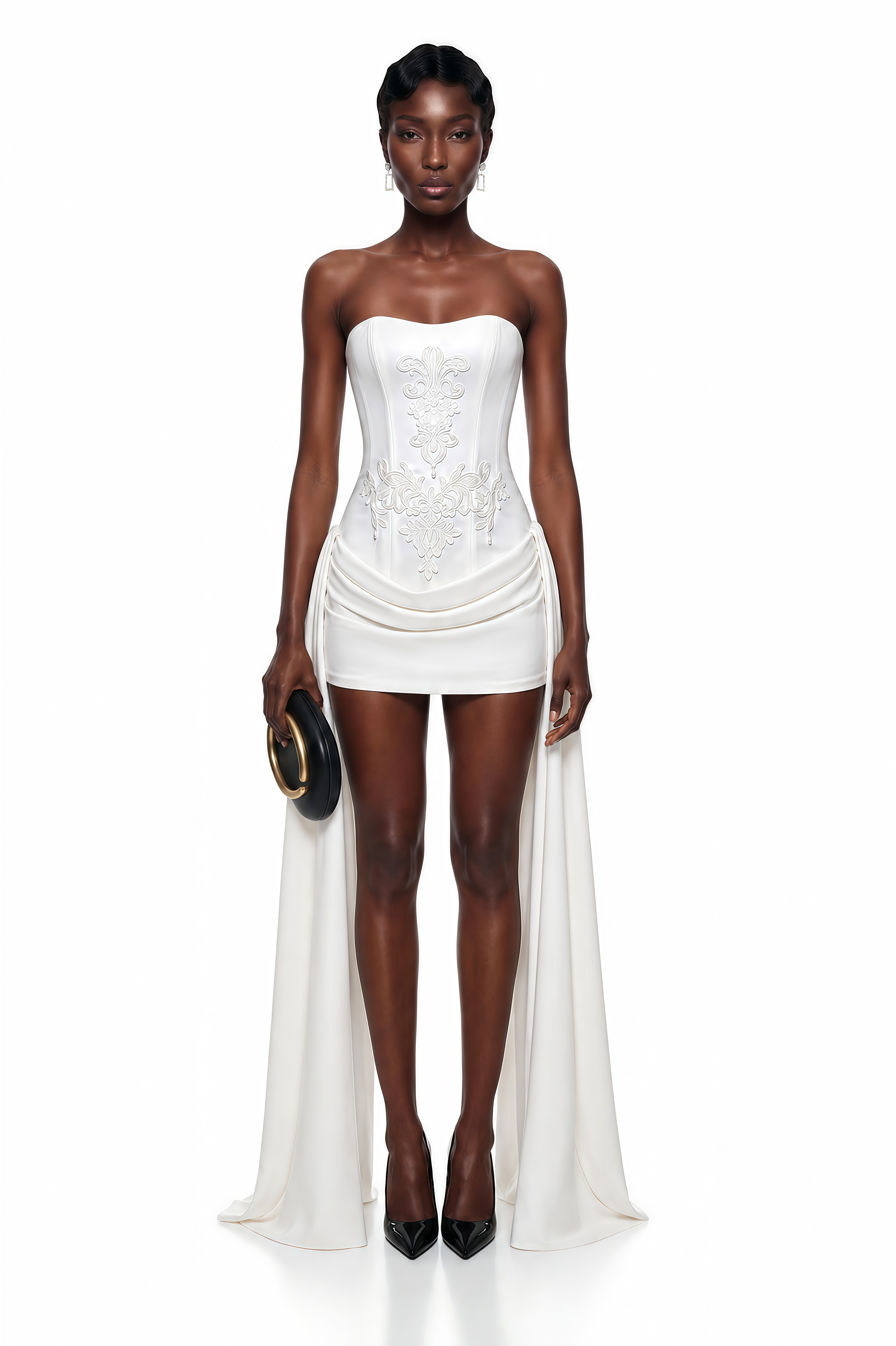 Ceren White Asymmetrical Floral Embroidered Mini Dress