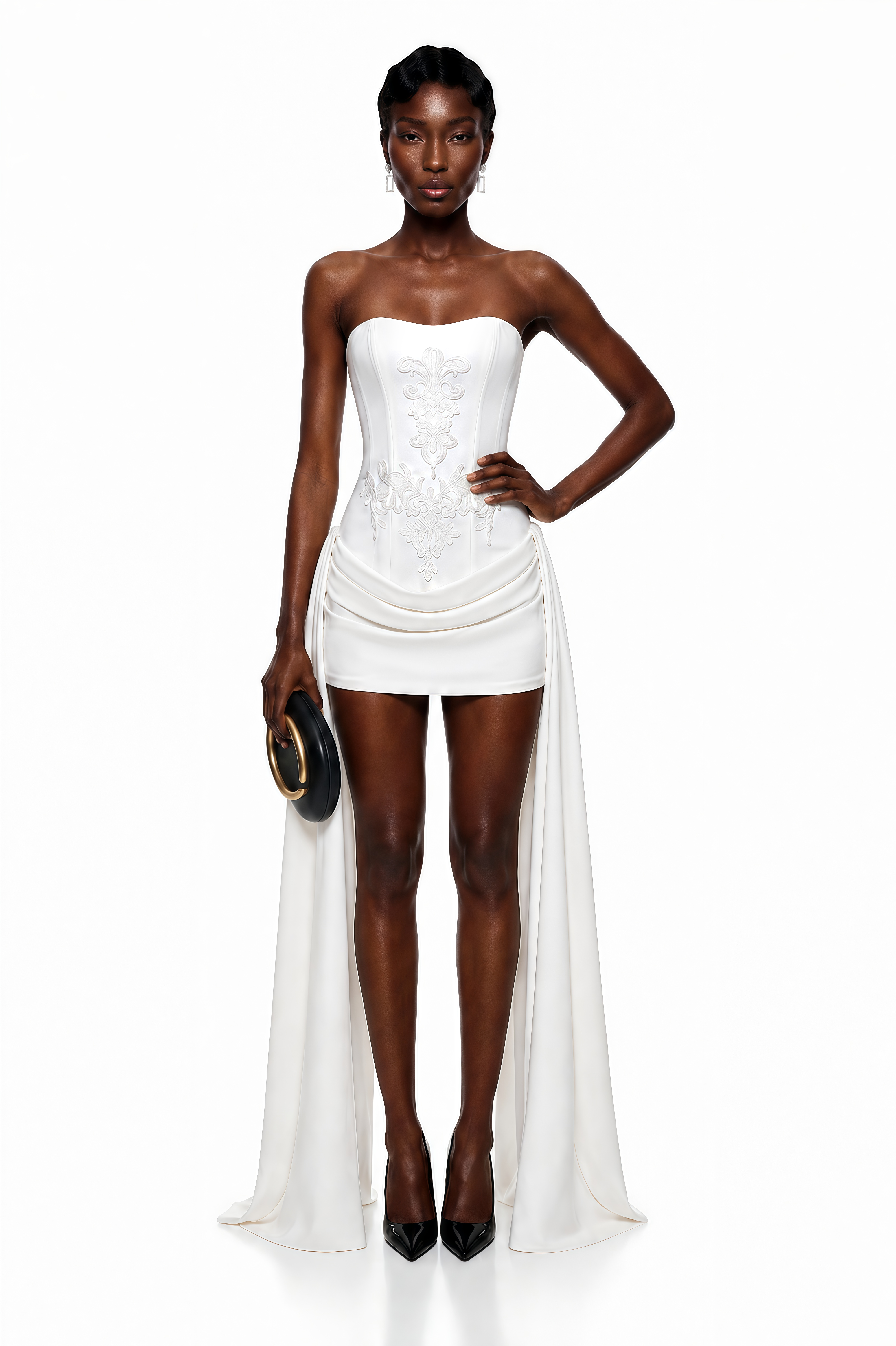 Ceren White Asymmetrical Floral Embroidered Mini Dress
