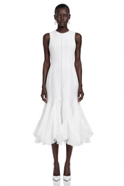 Cevher White Asymmetrical Midi Dress with Buttons