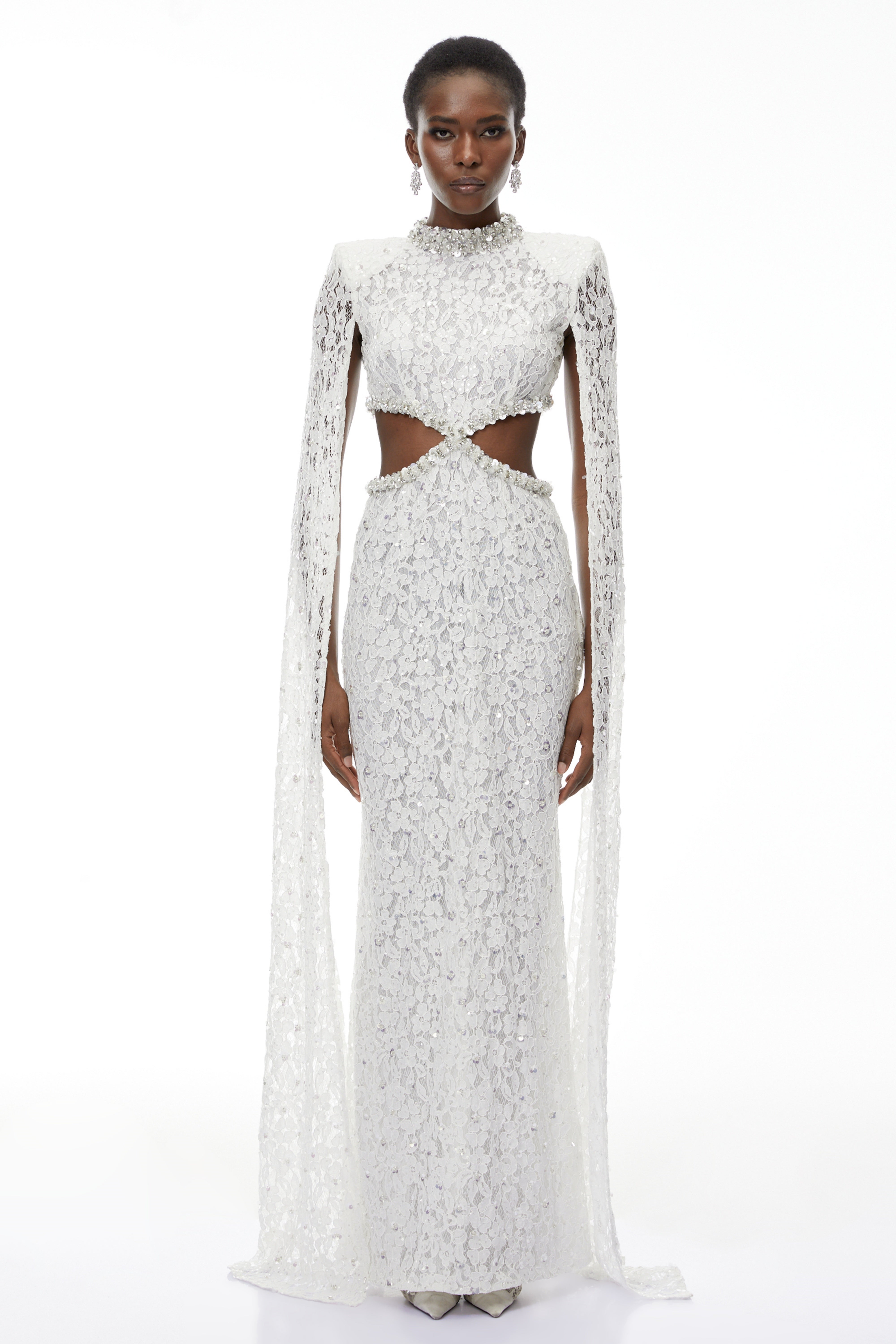 Chakame White Embellished Lace Maxi Dress