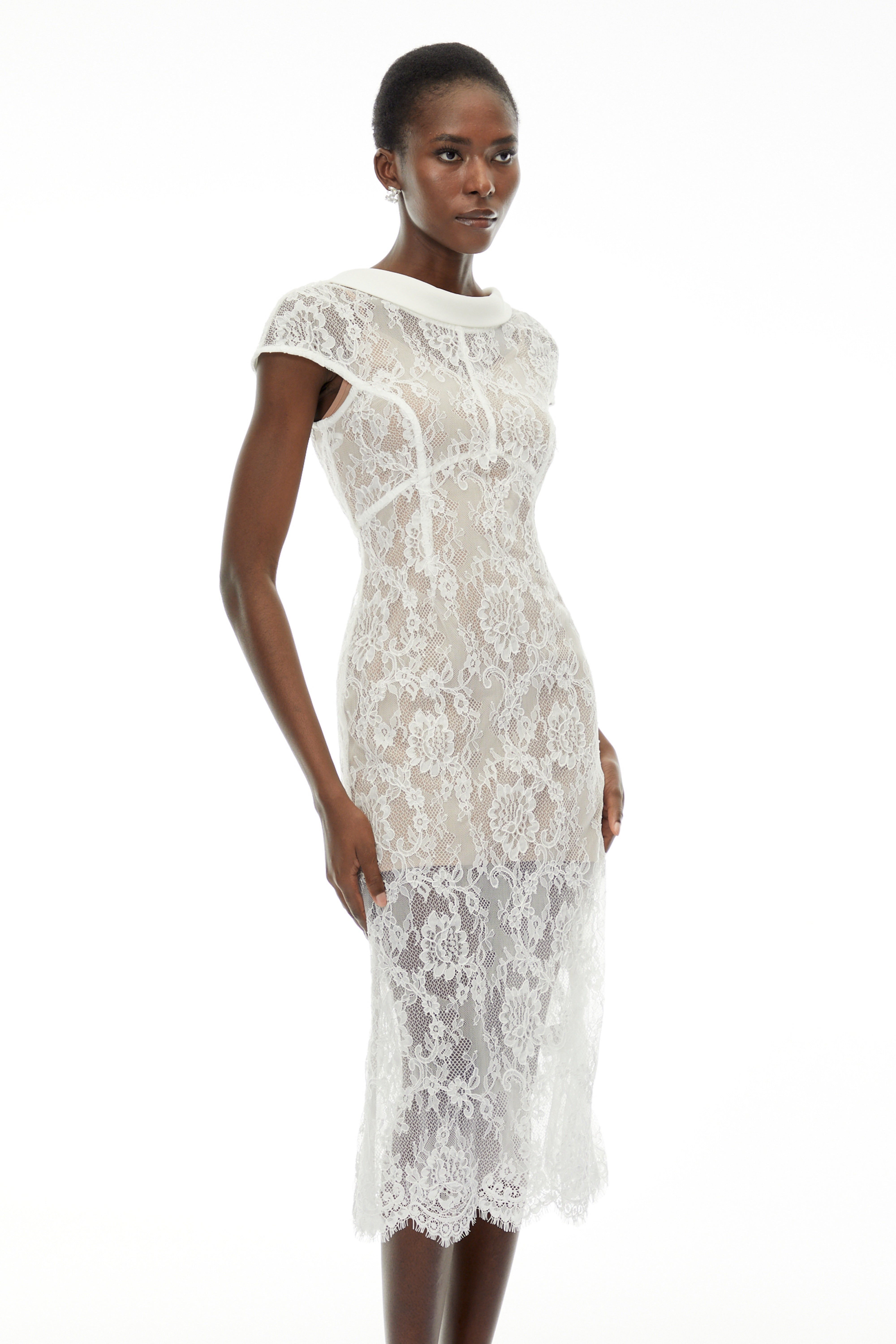 Chantal White Round Neck Floral Lace Midi Dress (Final Sale)