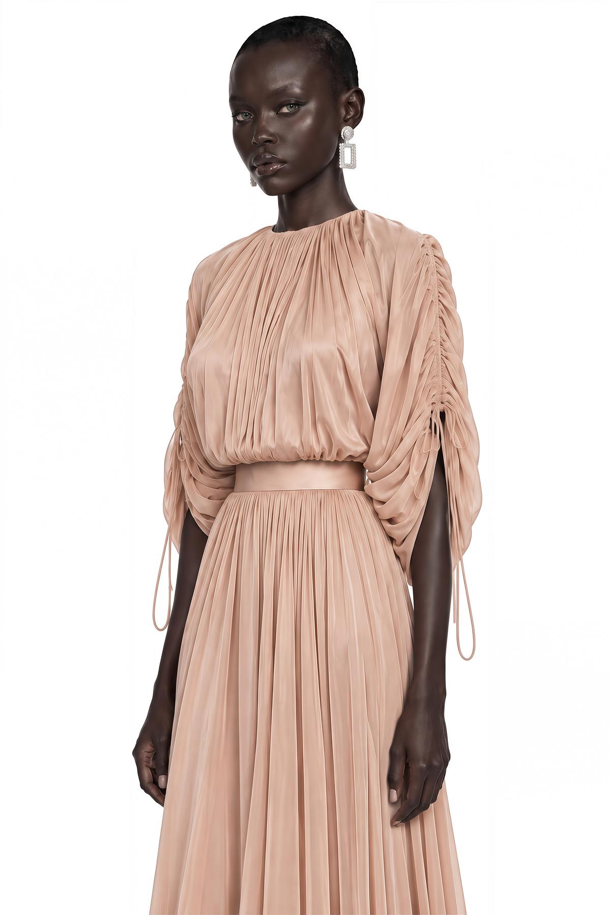 charitina neutral fully pleated blouse & skirt set