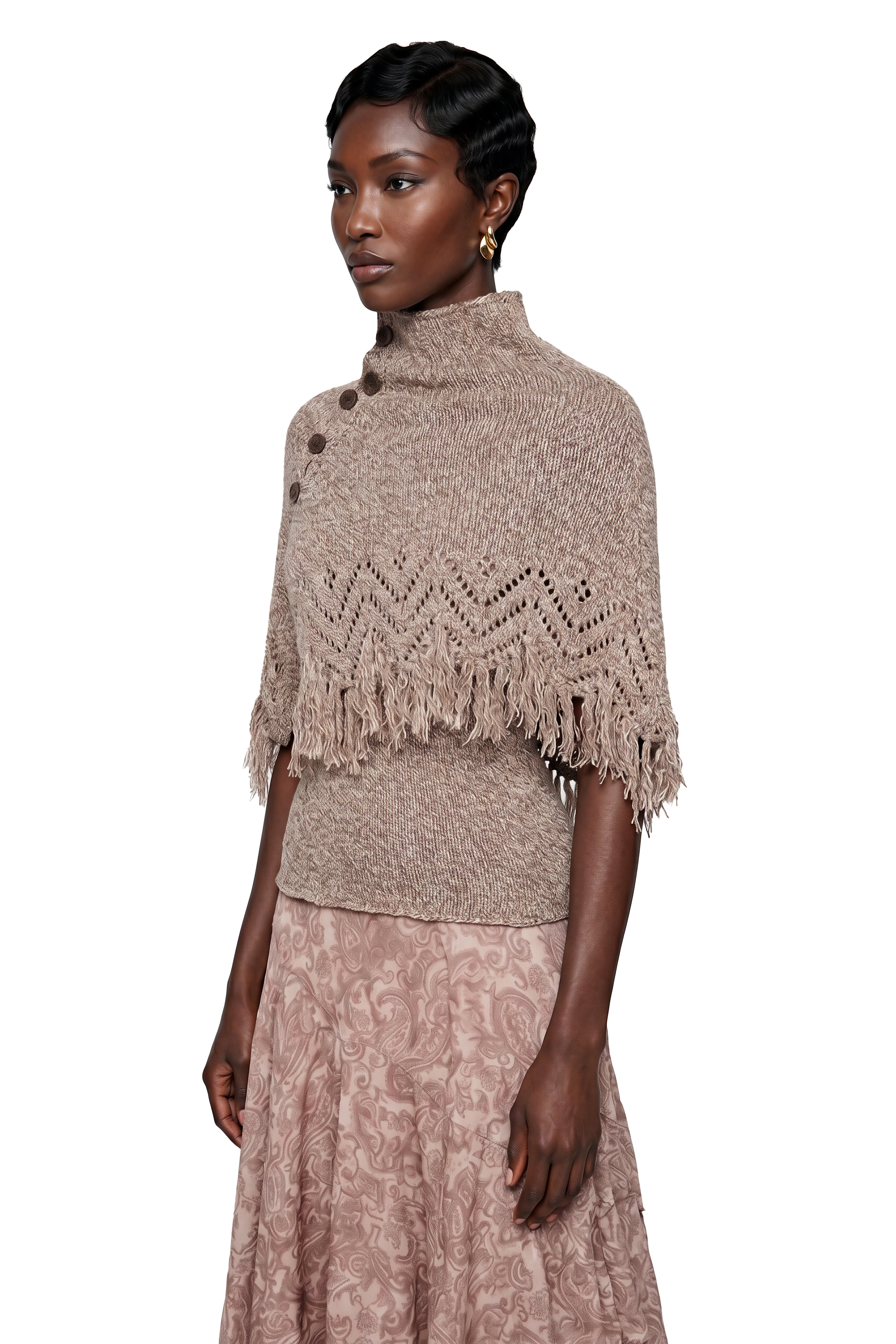 Charlie Khaki Fringe Asymmetrical Cape Sweater