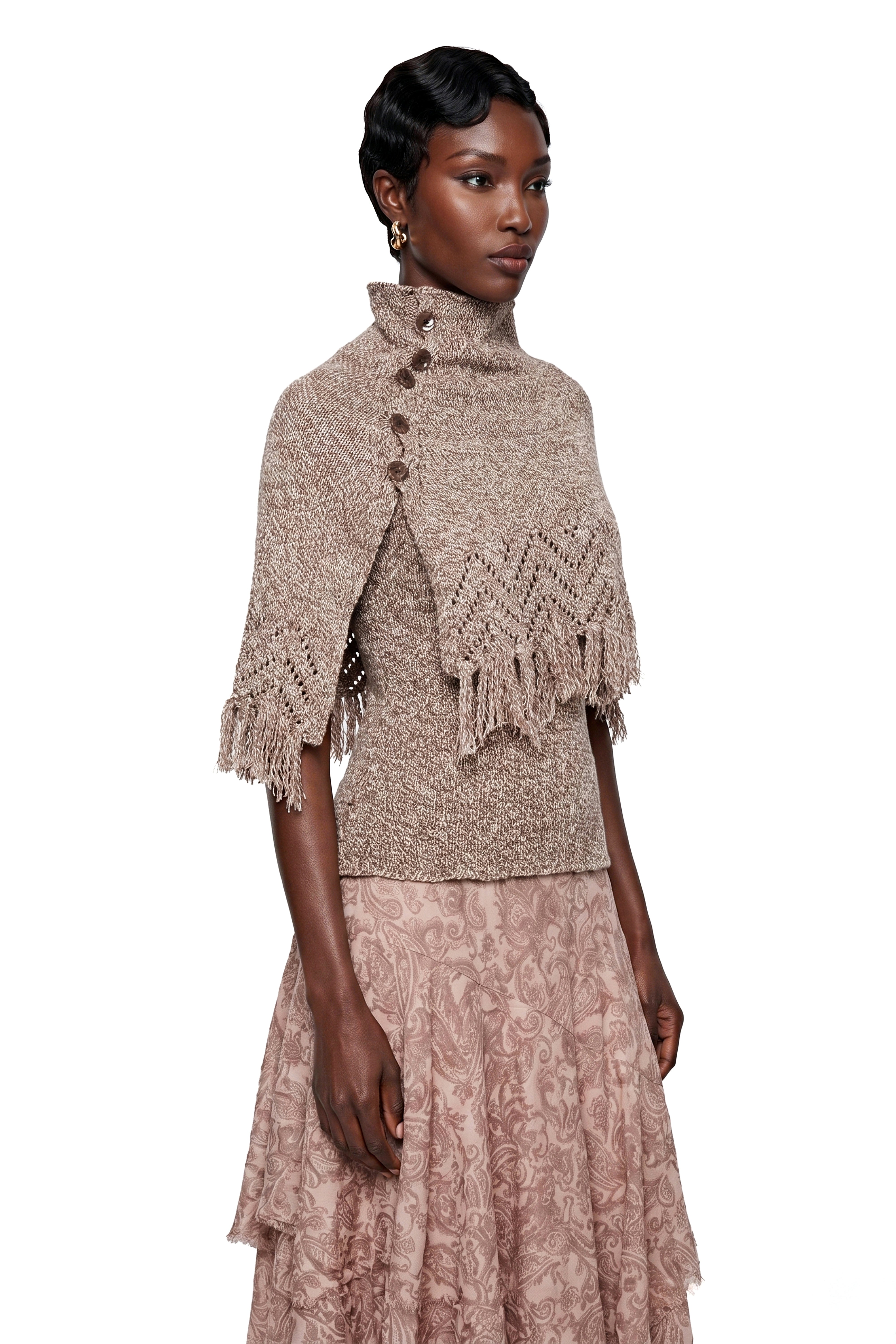 Charlie Khaki Fringe Asymmetrical Cape Sweater