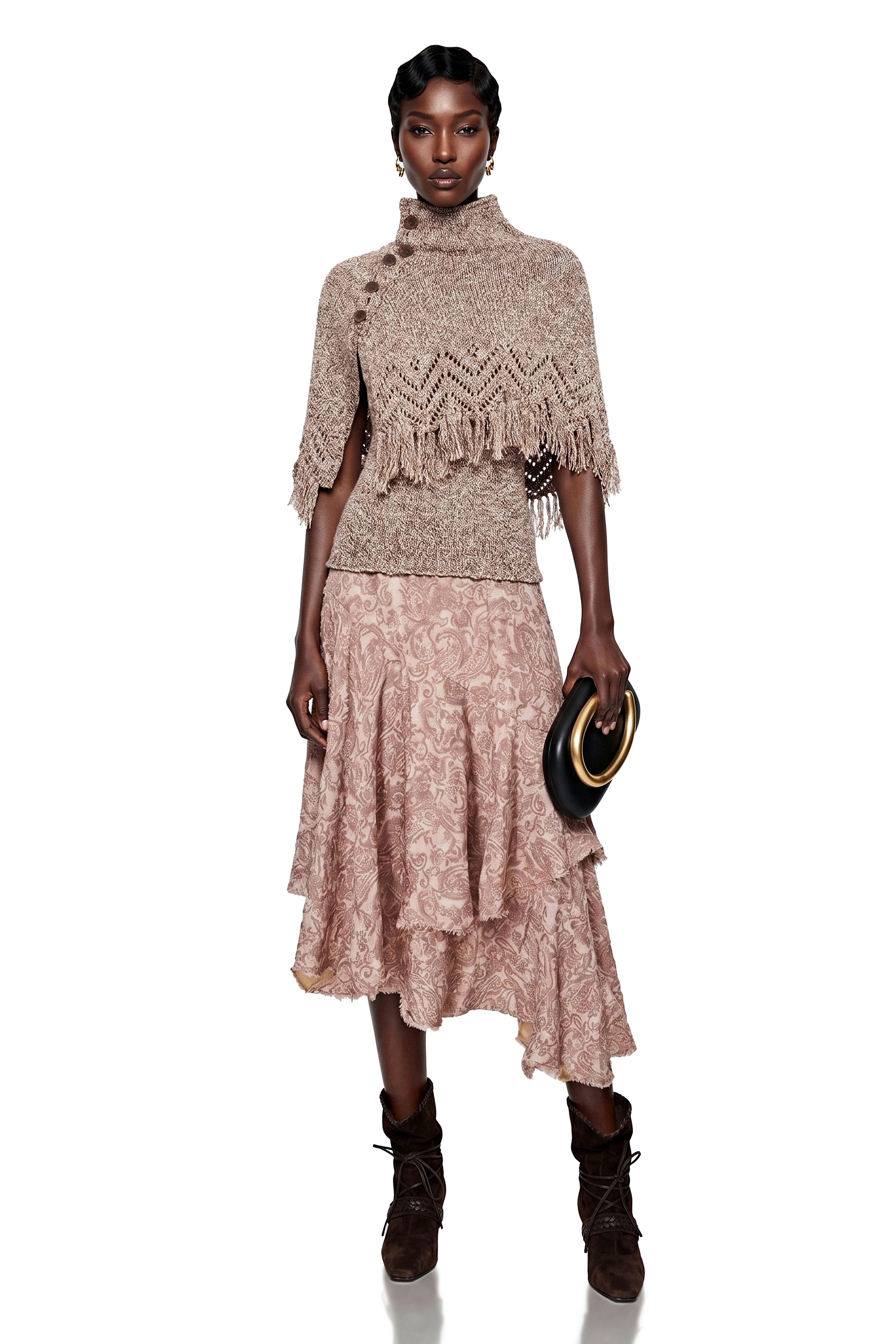 Charlie Khaki Fringe Asymmetrical Cape Sweater