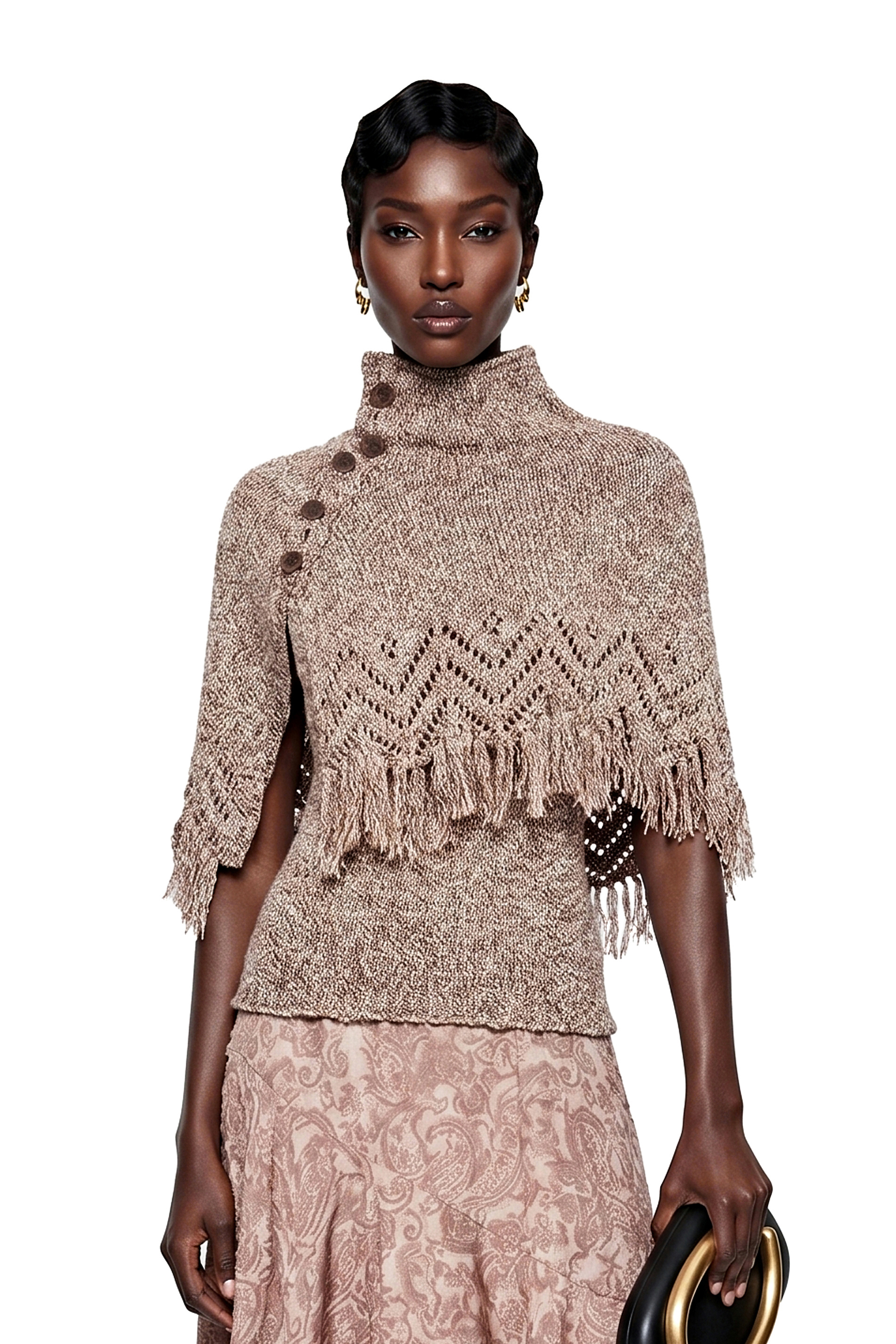 Charlie Khaki Fringe Asymmetrical Cape Sweater
