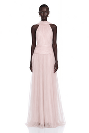 Charlotte Pink Halterneck Lace Maxi Dress with Cape