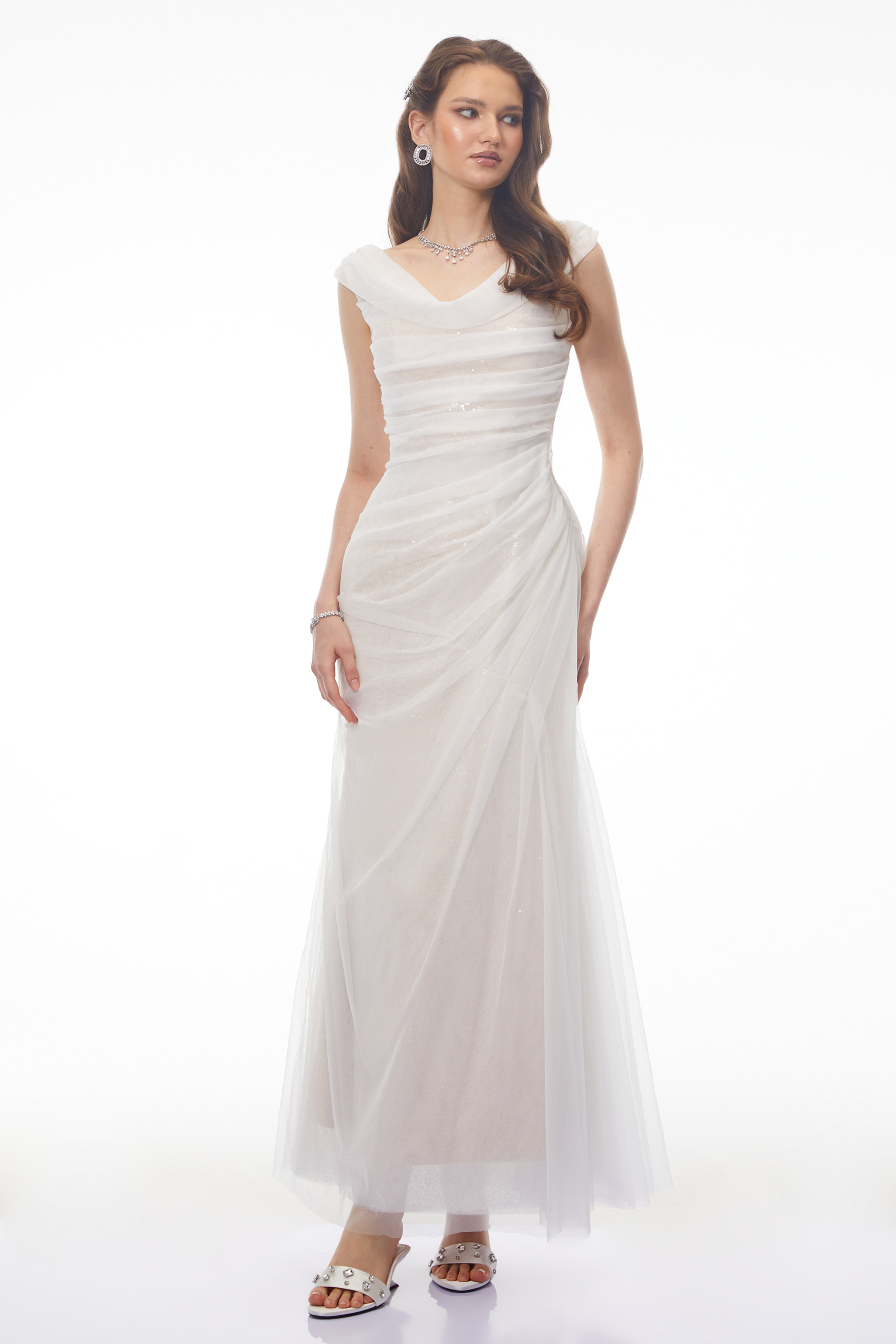 Maria White Off Shoulder Ruched Fishtail Maxi Dress