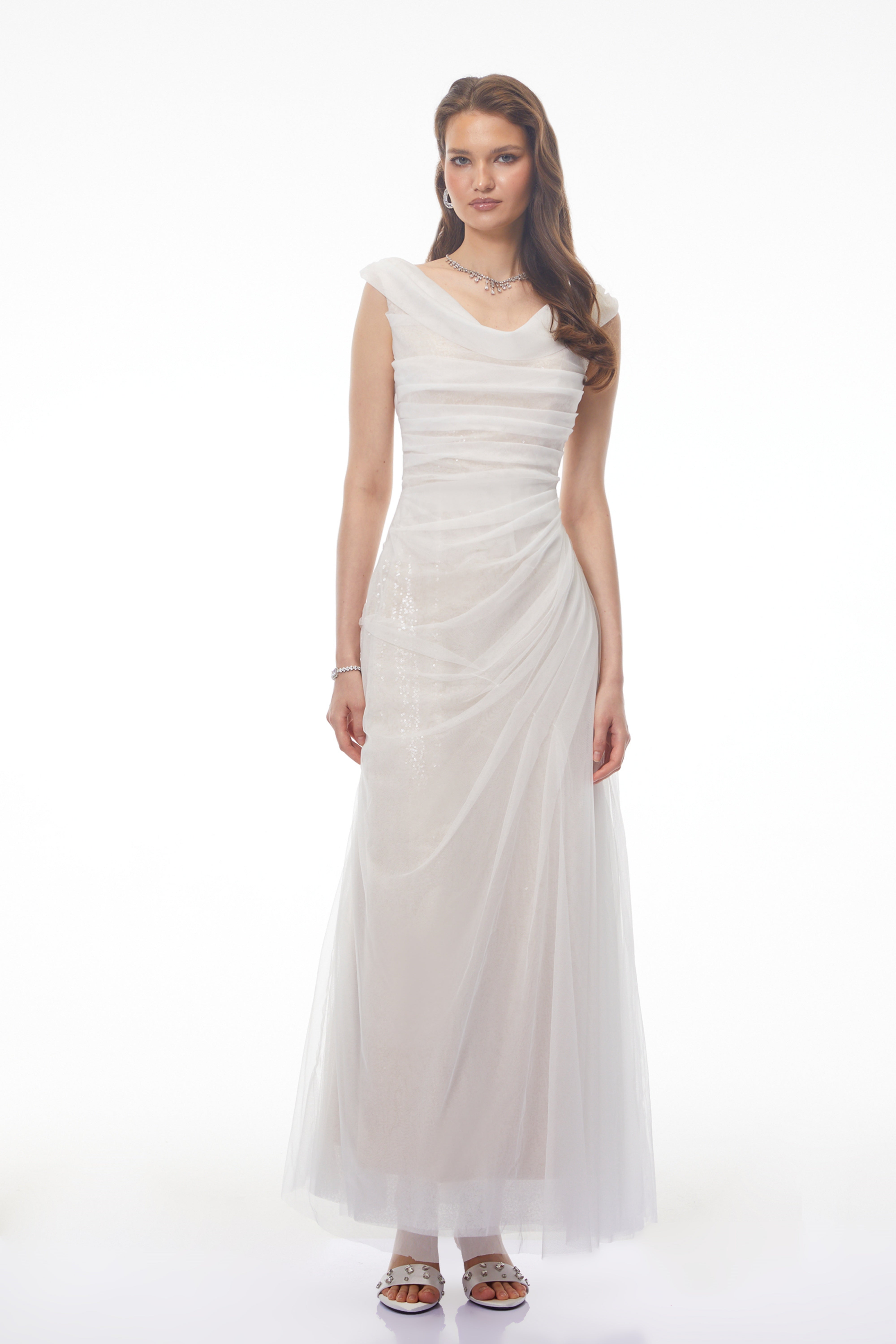 Maria White Off Shoulder Ruched Fishtail Maxi Dress