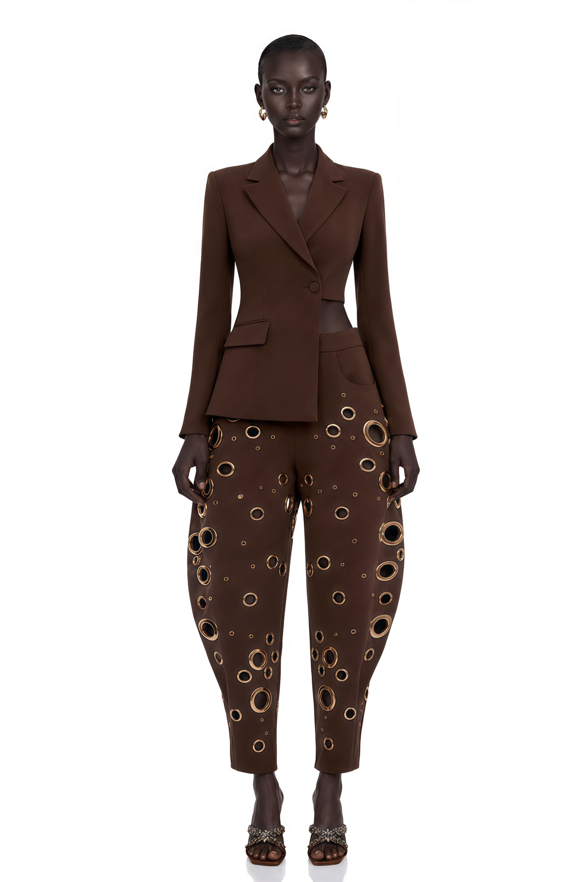 xaviera chocolate brown asymmetrical blazer & cut-out trouser set