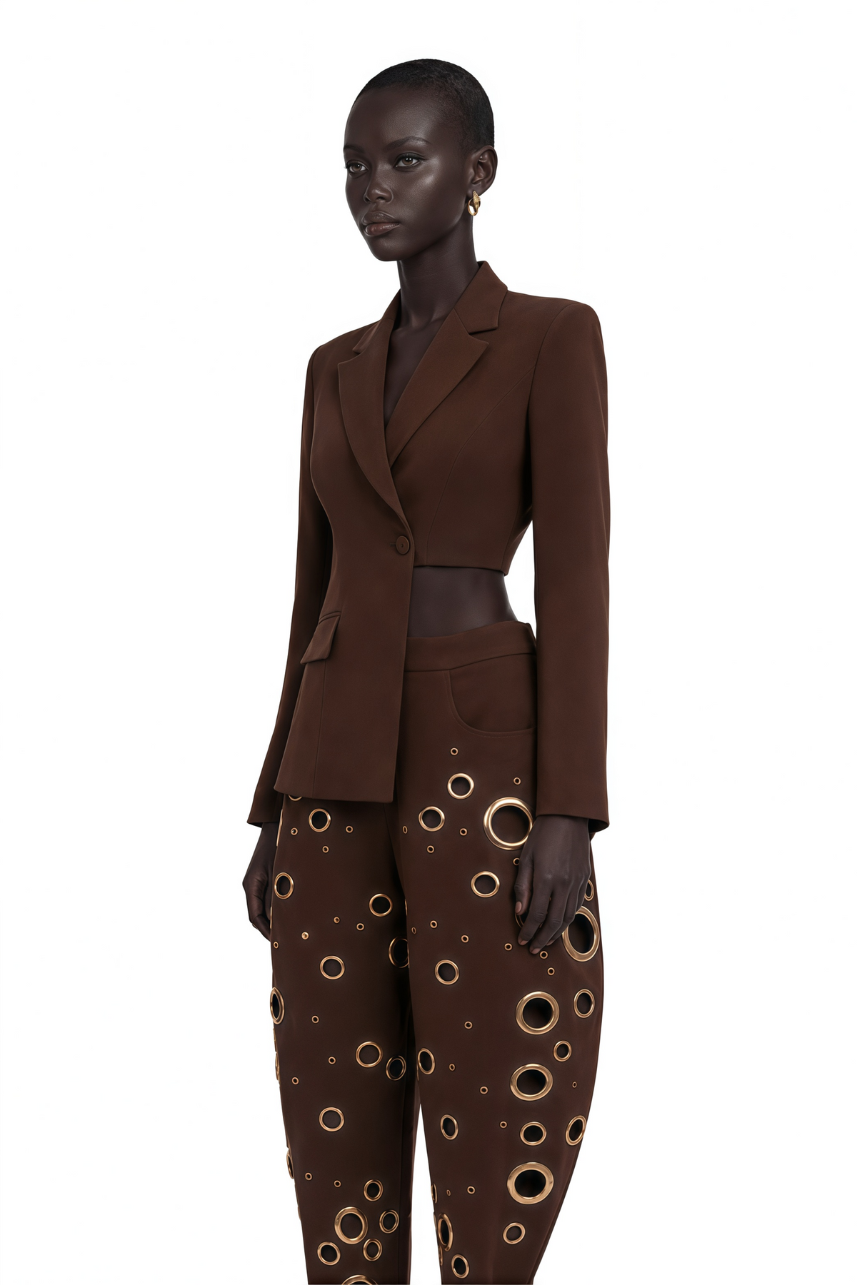 xaviera chocolate brown asymmetrical blazer & cut-out trouser set