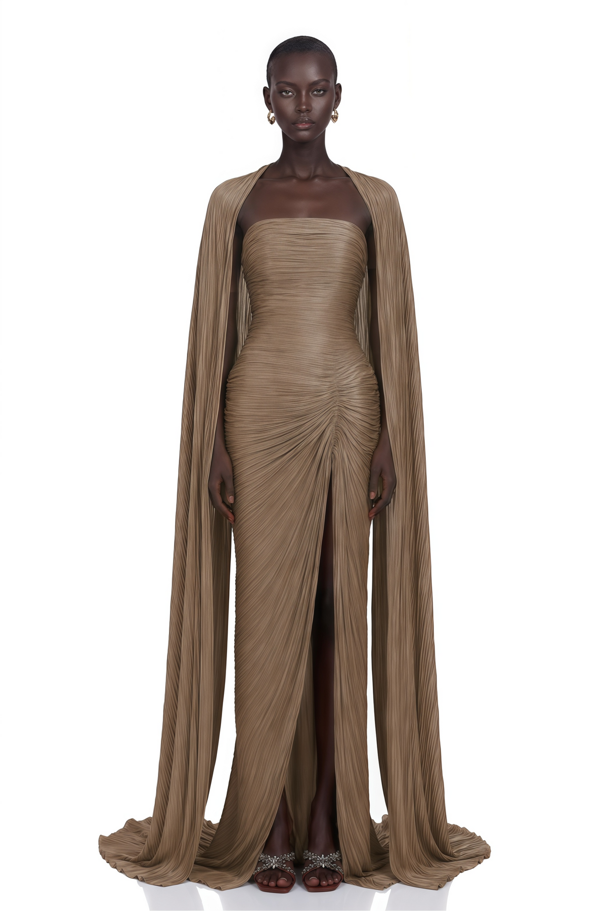shifra brown asymmetrical cape maxi dress